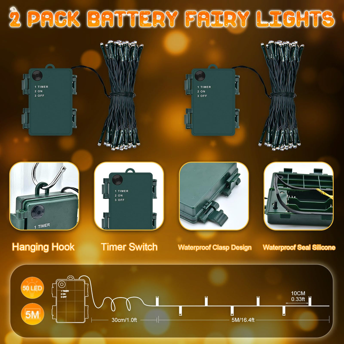 Dalugo Halloween Decoration Lights, 5M 50 LED Orange Purple White Fairy Lights with Timer, IP65 Waterproof Battery Powered Lights for Indoor Outdoor Autumn Halloween Decorations(Green Wire)