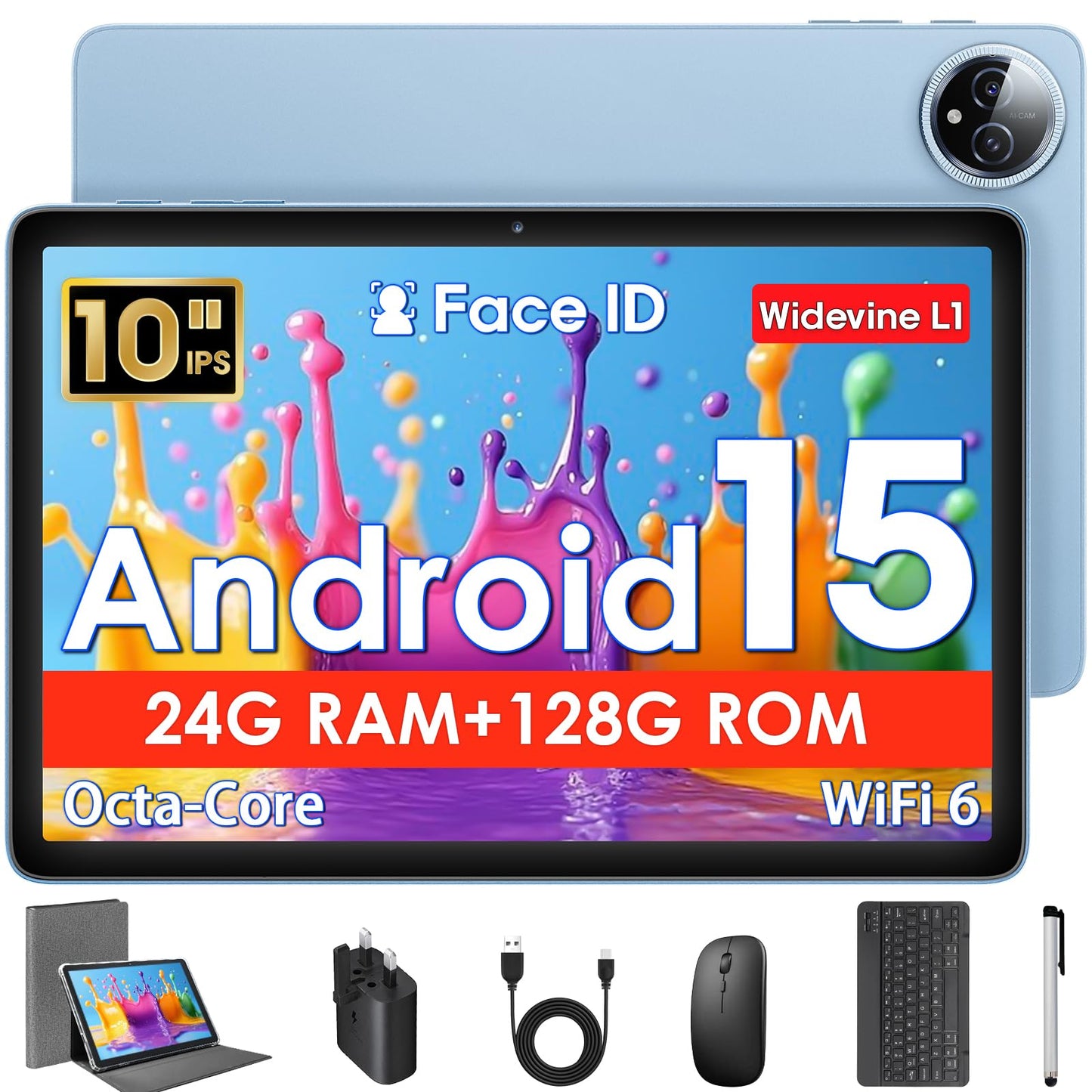 Tablet 10 Inch, Android 15 Tablets with Case, Mouse & Keyboard, Octa-Core, 24GB RAM+128GB ROM+1TB Expand, 1280 x 800 HD IPS Display, Dual Camera, 6000mAh, WiFi 6, BT 5.0, Widevine L1, GPS (Gray)