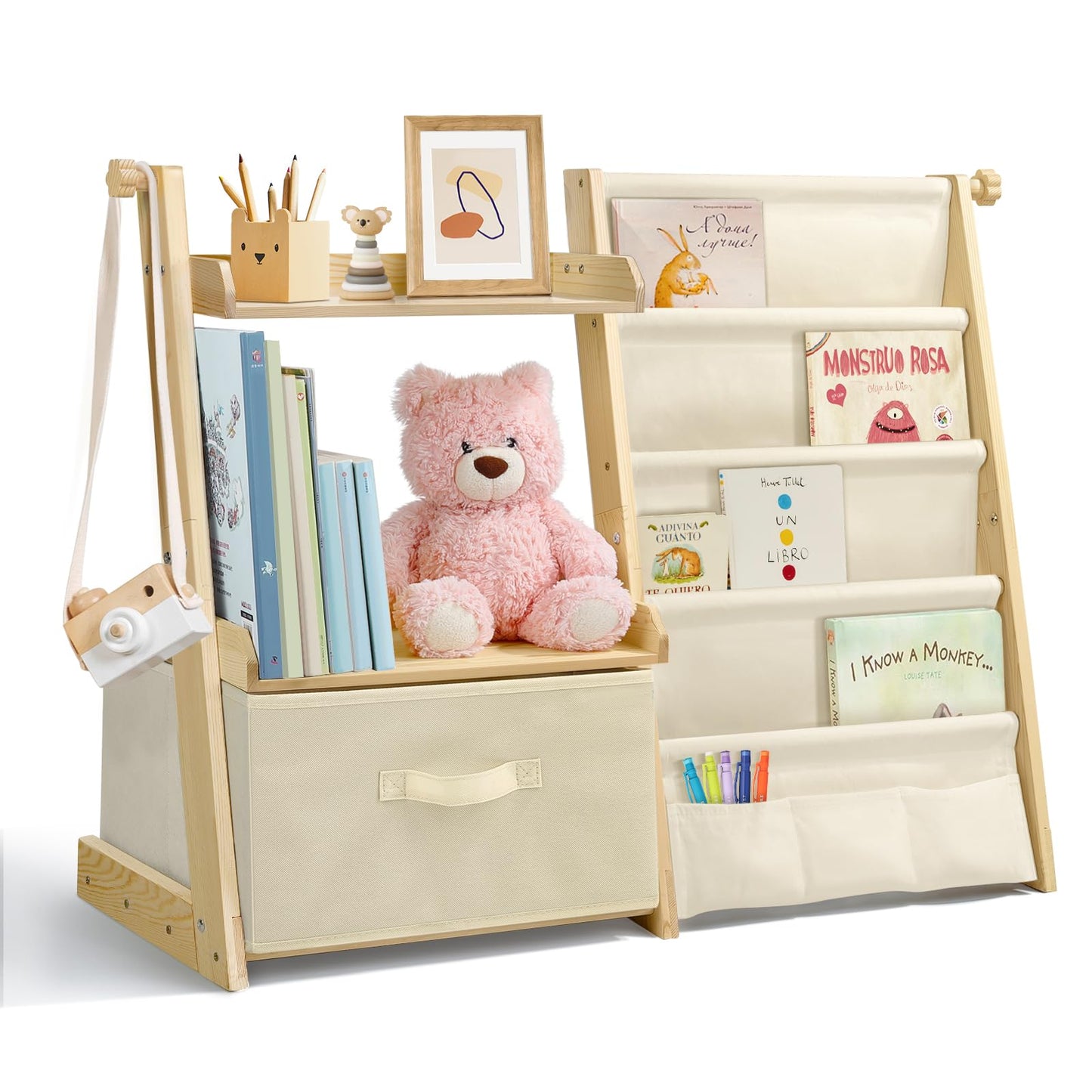 Kids Bookshelf and Toy Storage, Montessori Wooden Children Bookcase and Toy Organizer, 4-tier Toddler Sling Book Shelf with a Large Storage Box for Nursery, Bedroom, Playroom (Terrazzo)