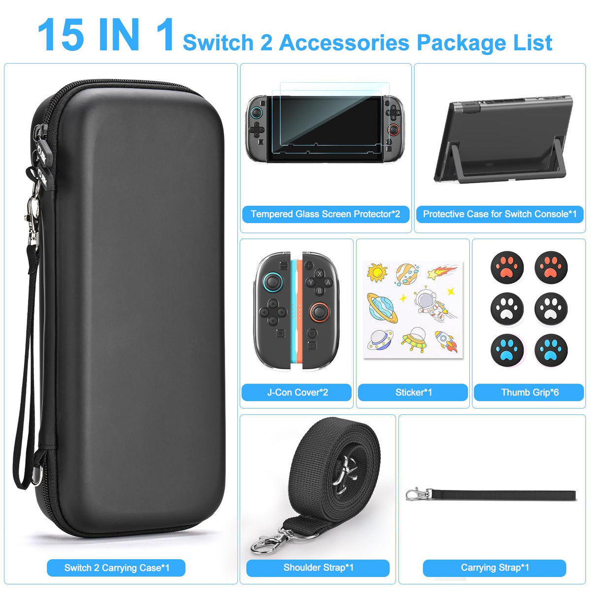 Younik Switch Accessories Bundle, 17 in 1 Switch Accessories Kit for Girls Include Switch Carrying Case with 9 Game Card Slots, Adjustable Stand, Protective Case for Switch Console & J-Con (Blue)