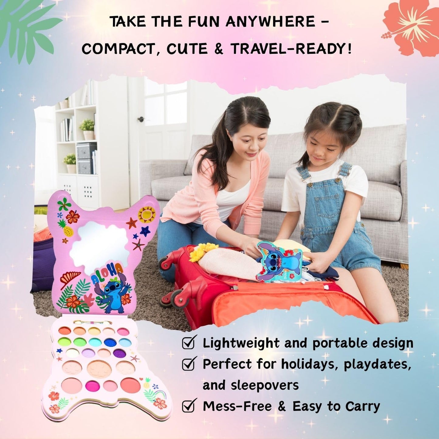Disney Stitch Kids Make-Up Palette – Complete Cosmetic Kit with Eye Shadow, Blusher, Lip Gloss, Mirror & Brush| Safe, Non-Toxic Beauty Gift Set for Girls