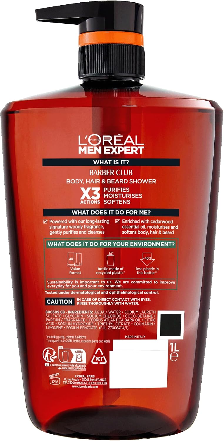 L'Oréal Paris Men Expert Shower Gel Barber Club Body Wash XXXL 1L Pump