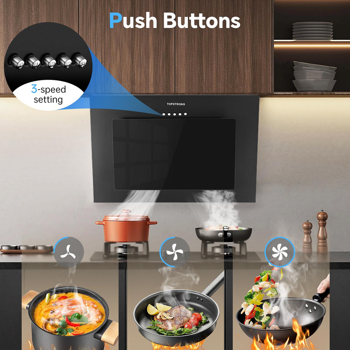 TopStrong Cooker Hood 90cm, 600 m³/h Extractor Fan kitchen, Wall-Mounted Extractor Hood, A++ Energy Efficiency, Touch Control, 58 dB, Recirculating & Ducting System, Black