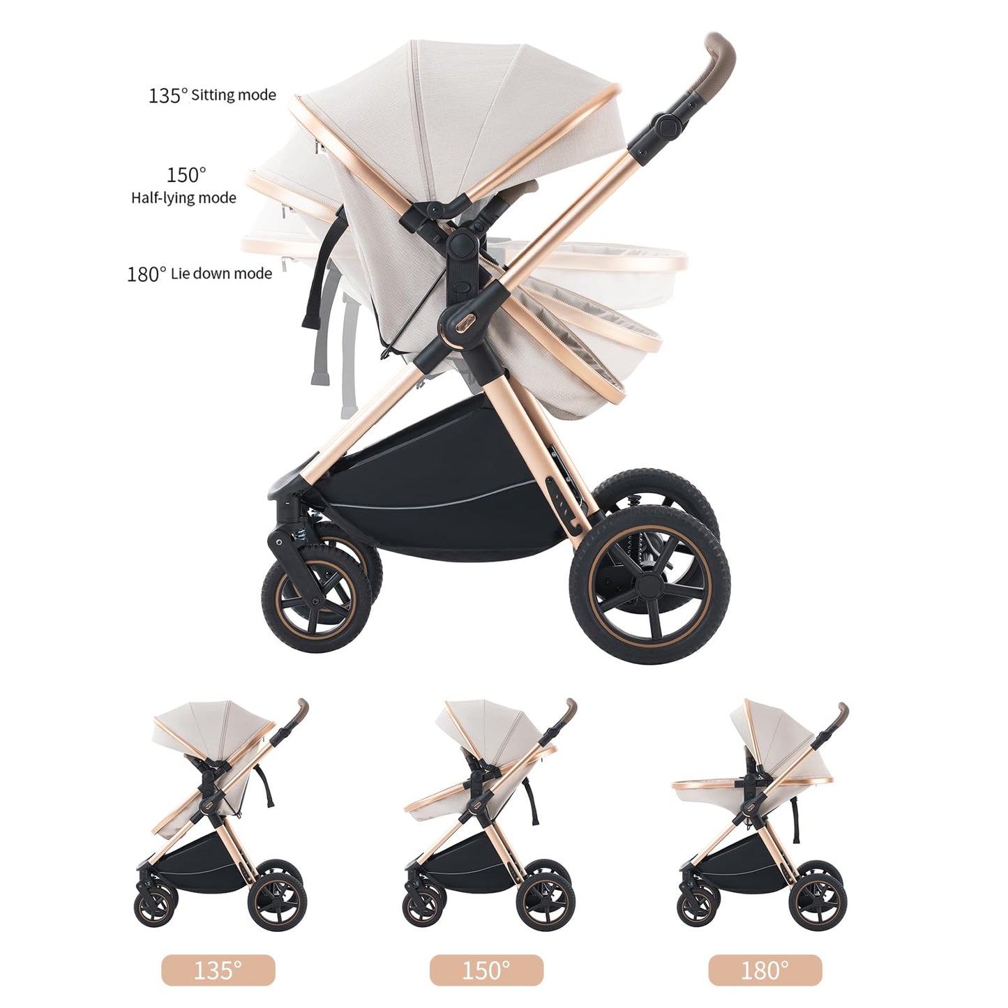3 in 1 Baby Stroller with Height Adjustable Handle,3 in 1 Prams Travel System, Lightweight Foldable Pushchair, Prams with Aluminum Frame for Portable Baby Carriage (D2 Pink, H2-D)