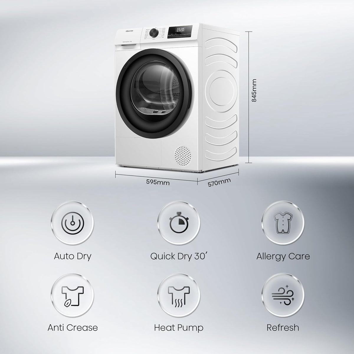 Hisense DH1Q802BW2 60cm Freestanding 8 KG Heatpump Front Load Tumble Dryer, 16 Programmes, Auto Dry, Steam Refresh, Allergy Care - White
