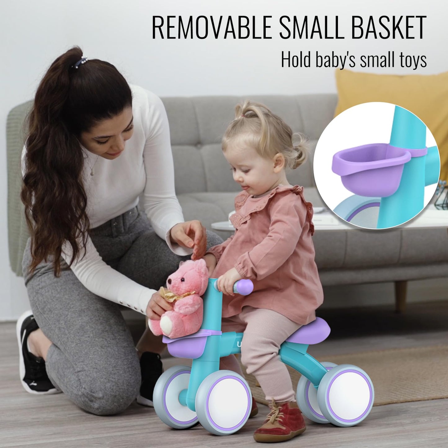 Umatoll Baby Balance Bike for 1 Year Old Boys Girls, 12-24 Months Toddler Balance Bike with Removable Basket, Adjustable Seat, 4 Wheels Infant Bike, First Birthday Gift