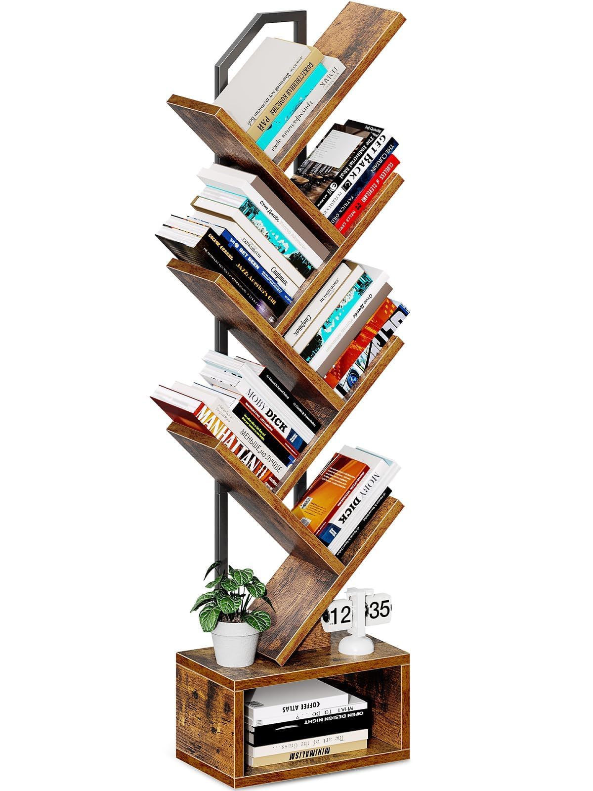 Coleshome Tree Bookshelf, 6-Tier Floor Standing Bookcase, Bookcases suitable for bedrooms and living rooms, Wooden bookshelves suitable for bedrooms and living rooms, White