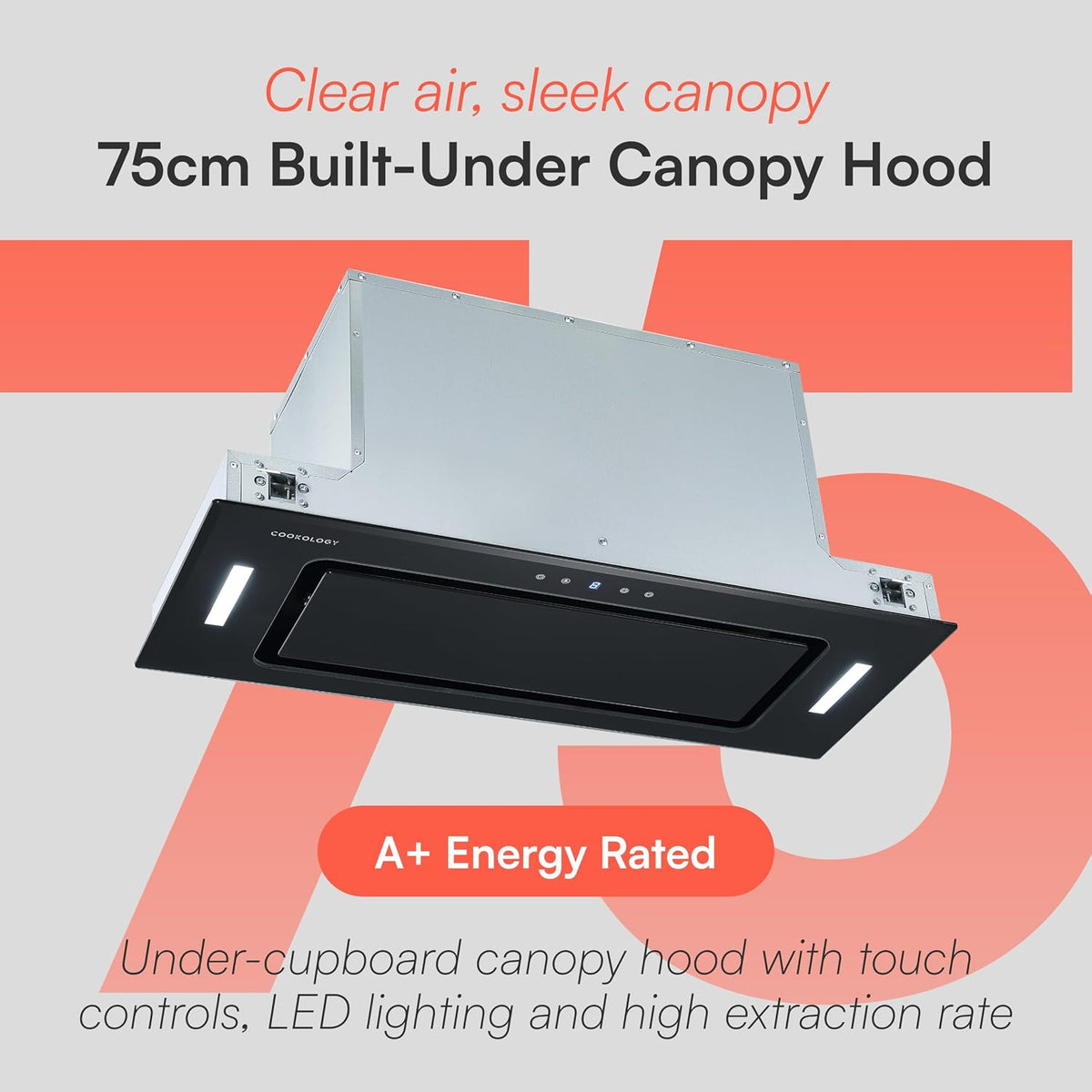 Cookology BUGL750BK Integrated Extractor Fan Cooker Hood in Black - 75cm Width - Built-in Cupboard Glass Canopy - Touch Controls - 2 LED Lights - Switch-off Timer - 3 Speed Settings - A+ Rated