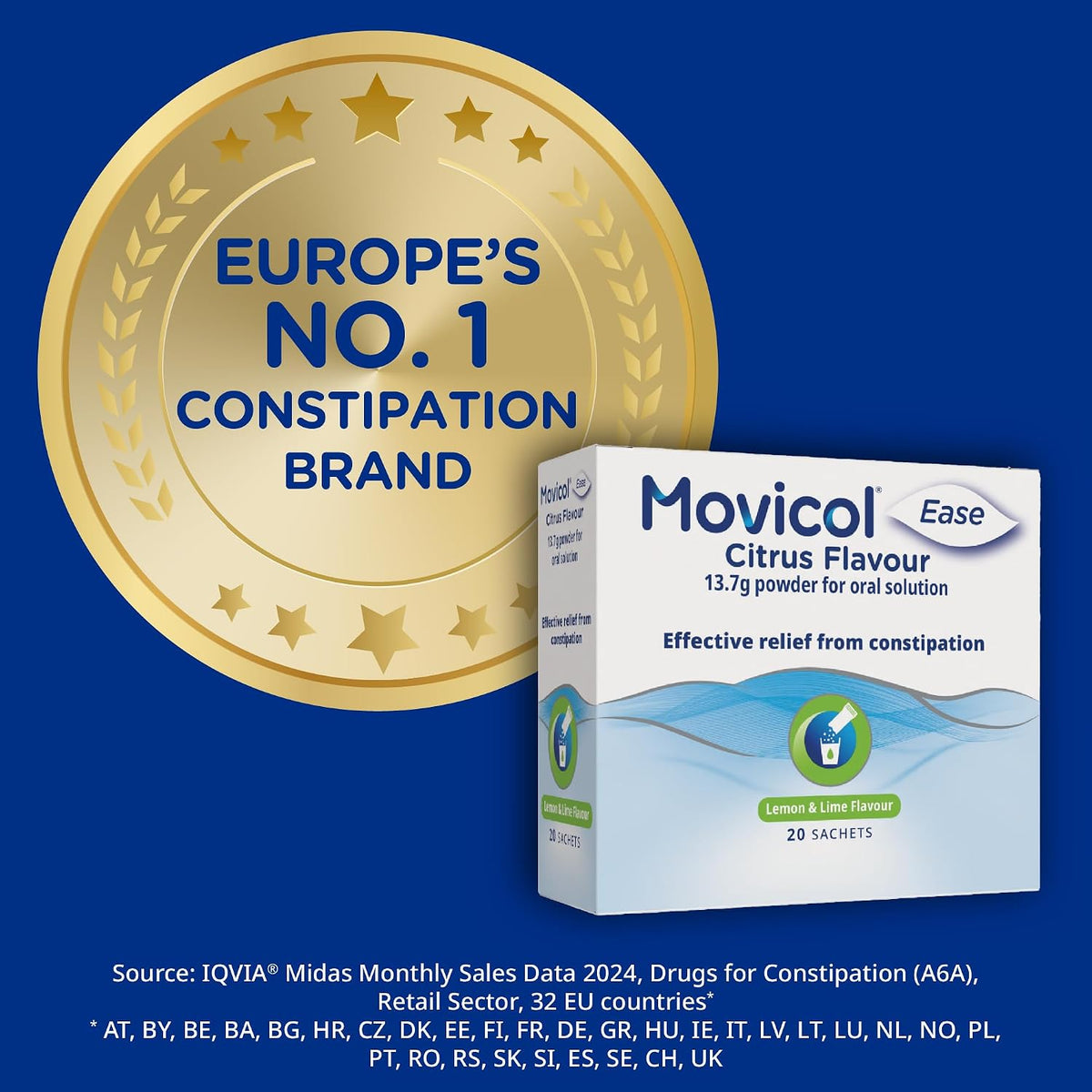Movicol Ease Stick Sachets, Citrus, 20 Sachets, Constipation Relief for Adults, Laxatives, Relief, hydrates, softens & Help Restore Natural Bowel Movement