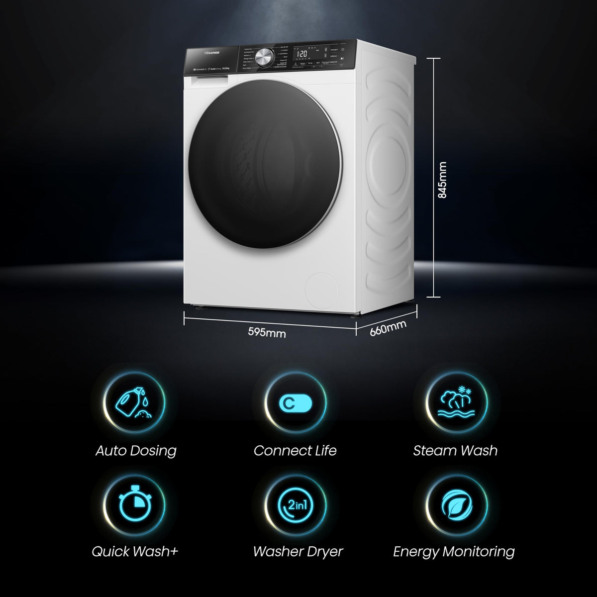 Hisense 3S Series WD3S8043BB3 Wifi Connected 8Kg and 5Kg Washer Dryer with 1400 rpm - Black - A-D Rated