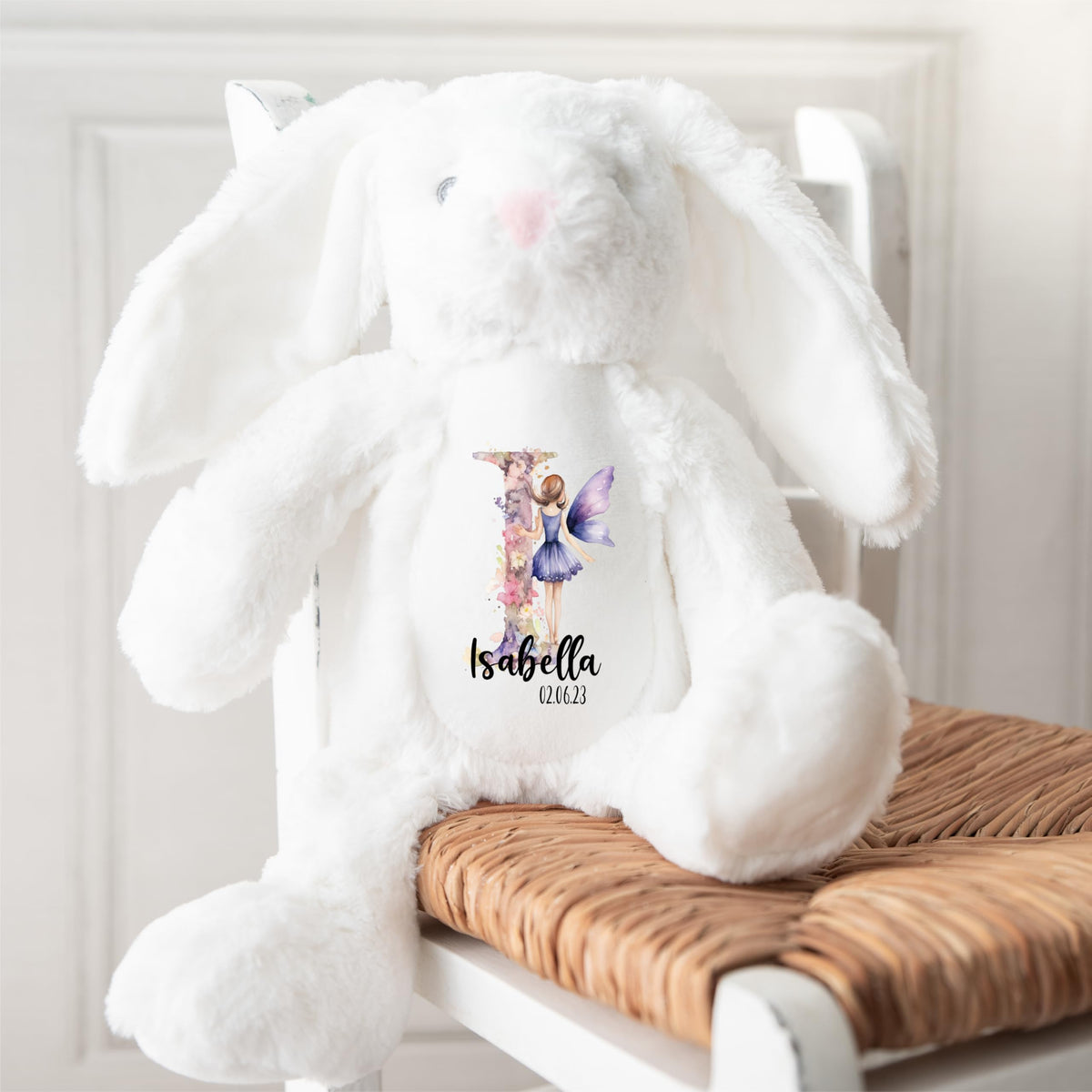 Crafted Memories - Personalised Teddy | Velveteen Bunny Soft Toy | Customisable Name for Newborns | Keepsake for Boys & Girls | Baby Shower Item | Pink Initial | Grey or White, 20-23cm