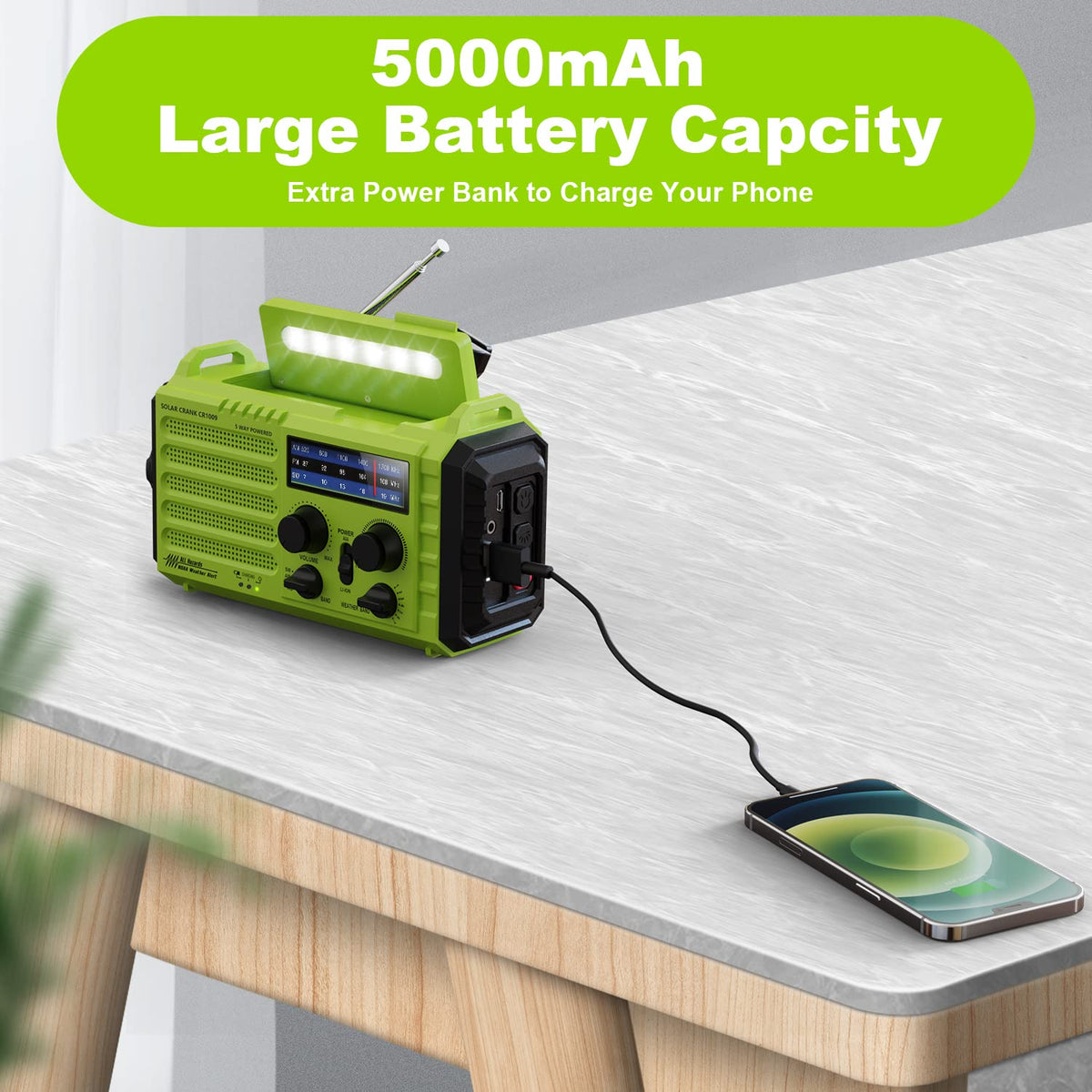 Mesqool Wind Up Radio Solar Powered, 5000mAh Emergency Hand Crank AM FM Radio with Flashlight, Reading Lamp, USB Phone Charger, SOS Alarm and Compass
