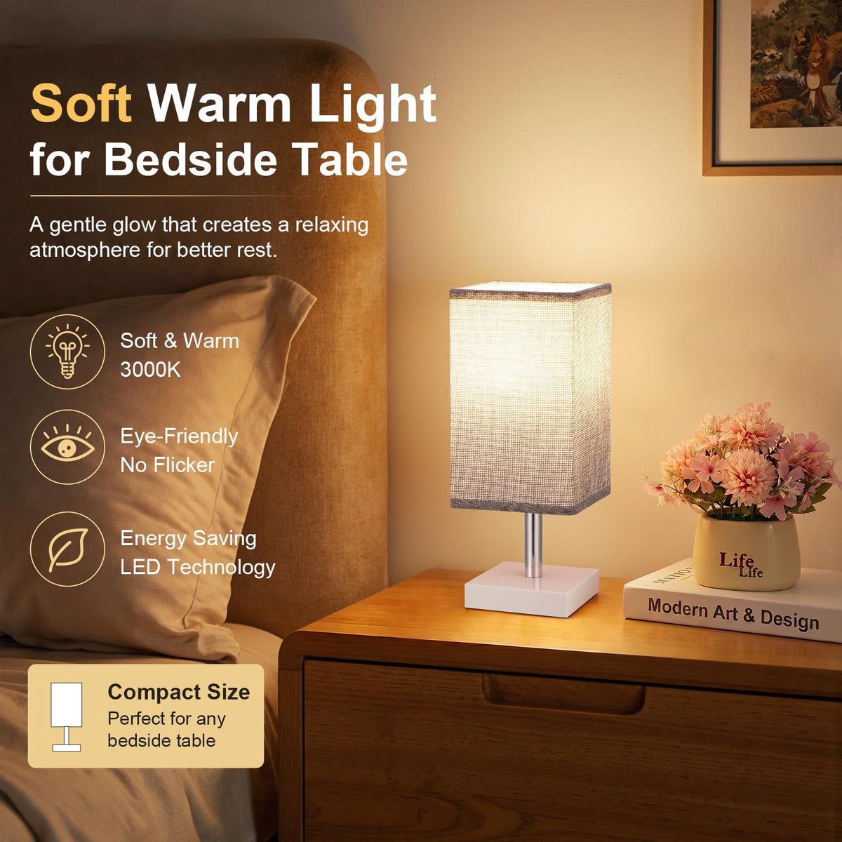 White Table Lamp for Bedroom, Small Bed Lamp with for Bedroom, Silver Base(Bulb Included)