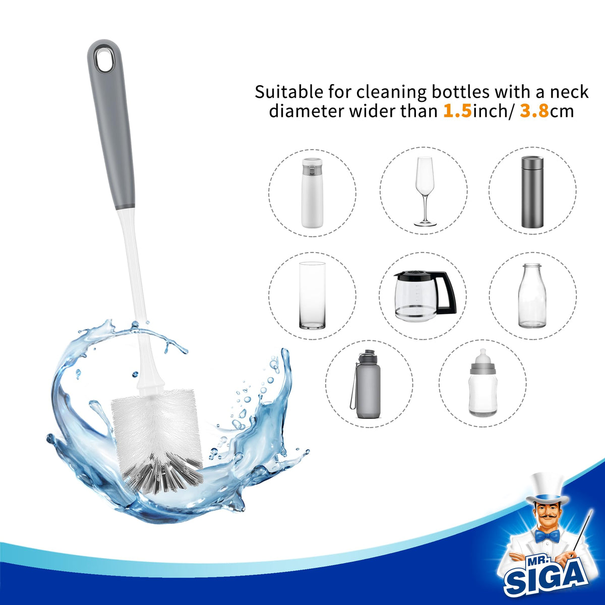 MR.SIGA Long Handle Bottle Brush, Non-Scratch Water Bottle Brush Cleaner