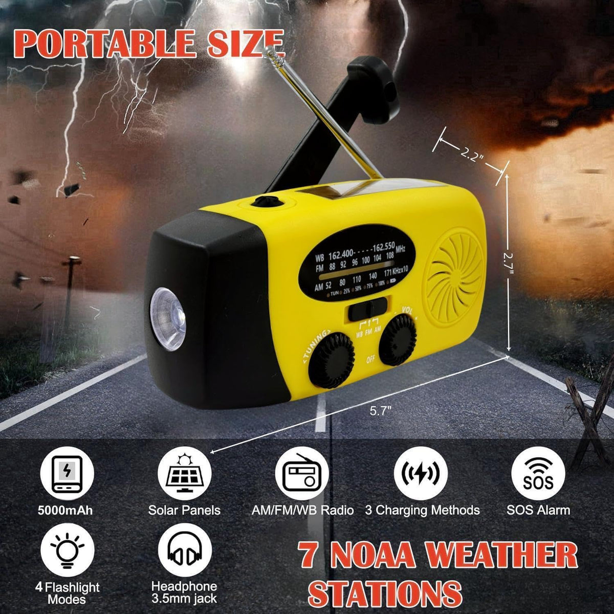 5000mAh Wind Up Solar Radio, Emergency Crank Weather Radio, FM/AM Radios