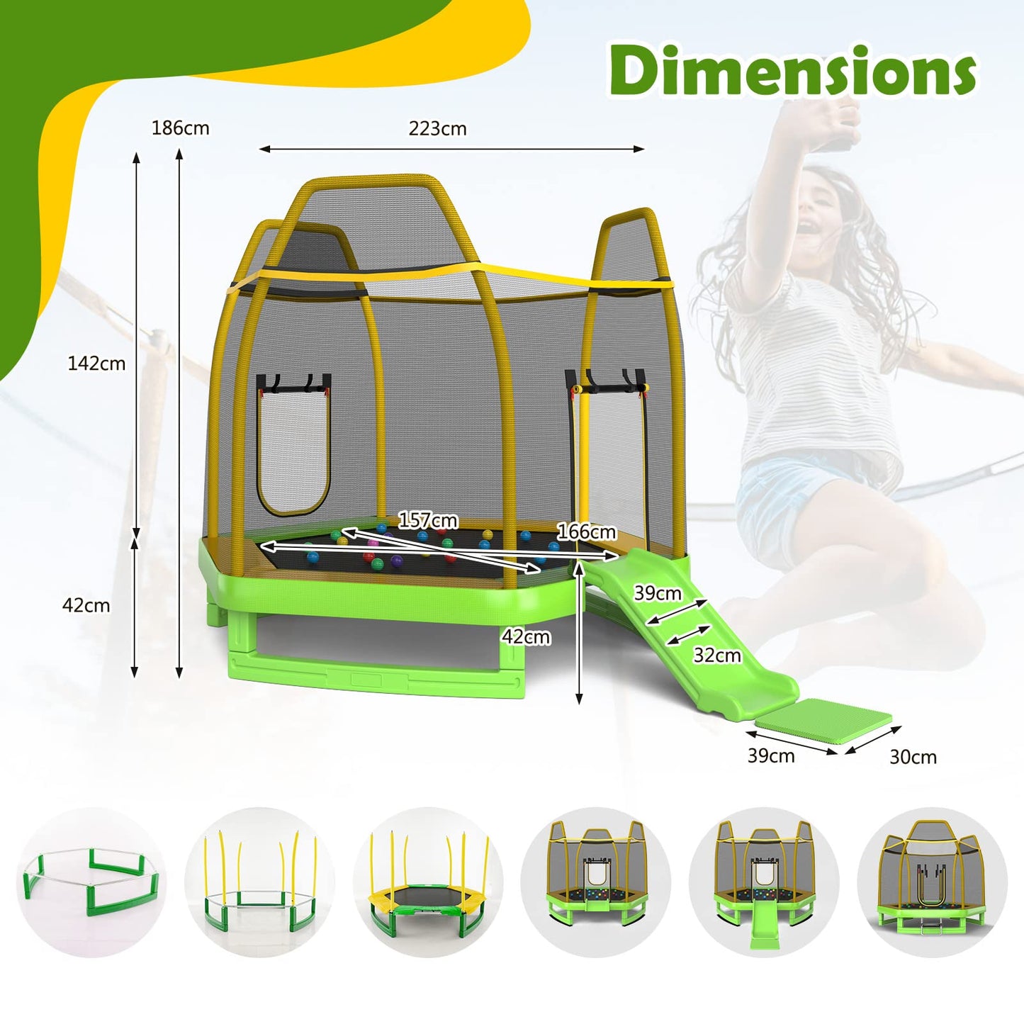 COSTWAY 7ft Kids Trampoline, Hexagonal Trampolines with Slide, Ladder, Safety Enclosure Net and Ocean Balls, Toddler Jumping House for Indoor Outdoor