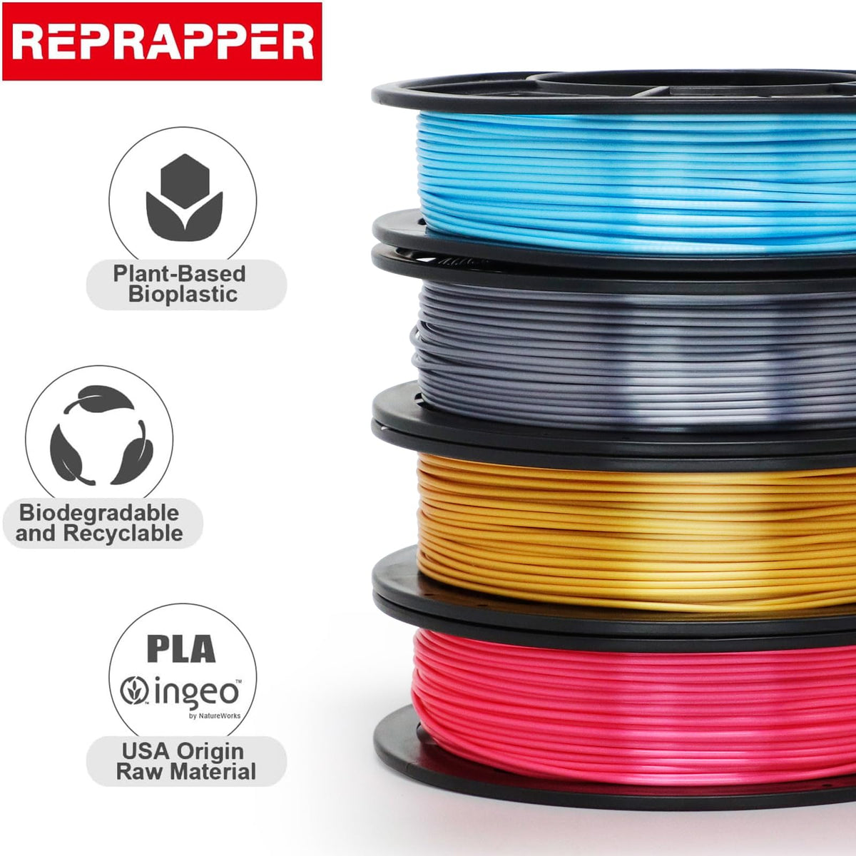 Reprapper 4X 250g Color Pack – Dual Color PLA Filament 1.75mm for 3D Printer & 3D Pen, Multicolour Filament, 4 x 250g Matte Red/Blue, Matte Purple/Green, Silk Red/Blue, and Silk Purple/Green