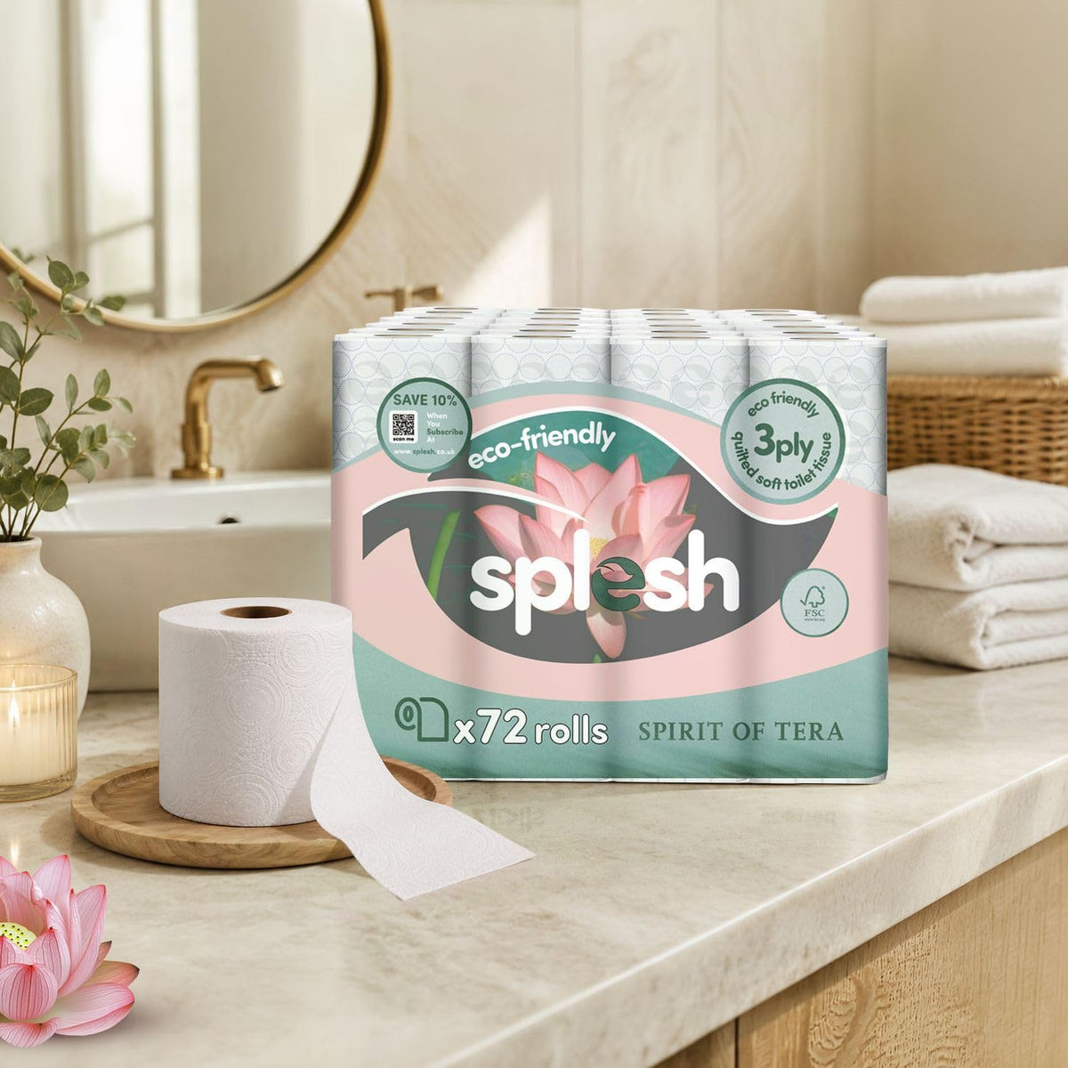 Splesh by Cusheen Toilet Roll 72 Rolls - Aloe Vera Scent Bulk Family Pack | Soft 3 Ply Quilted Bathroom Tissue Loo Rolls | Eco-Friendly, Sustainable Toilet Paper