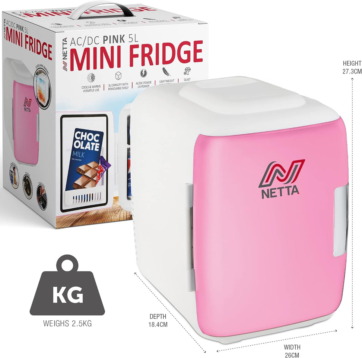 NETTA 5L Mini Fridge - Portable Small Fridge for Drinks, Snacks, Skincare - For Bedroom, Student Dormitory, Office With Cooling And Warming Function - AC/DC Portable – White