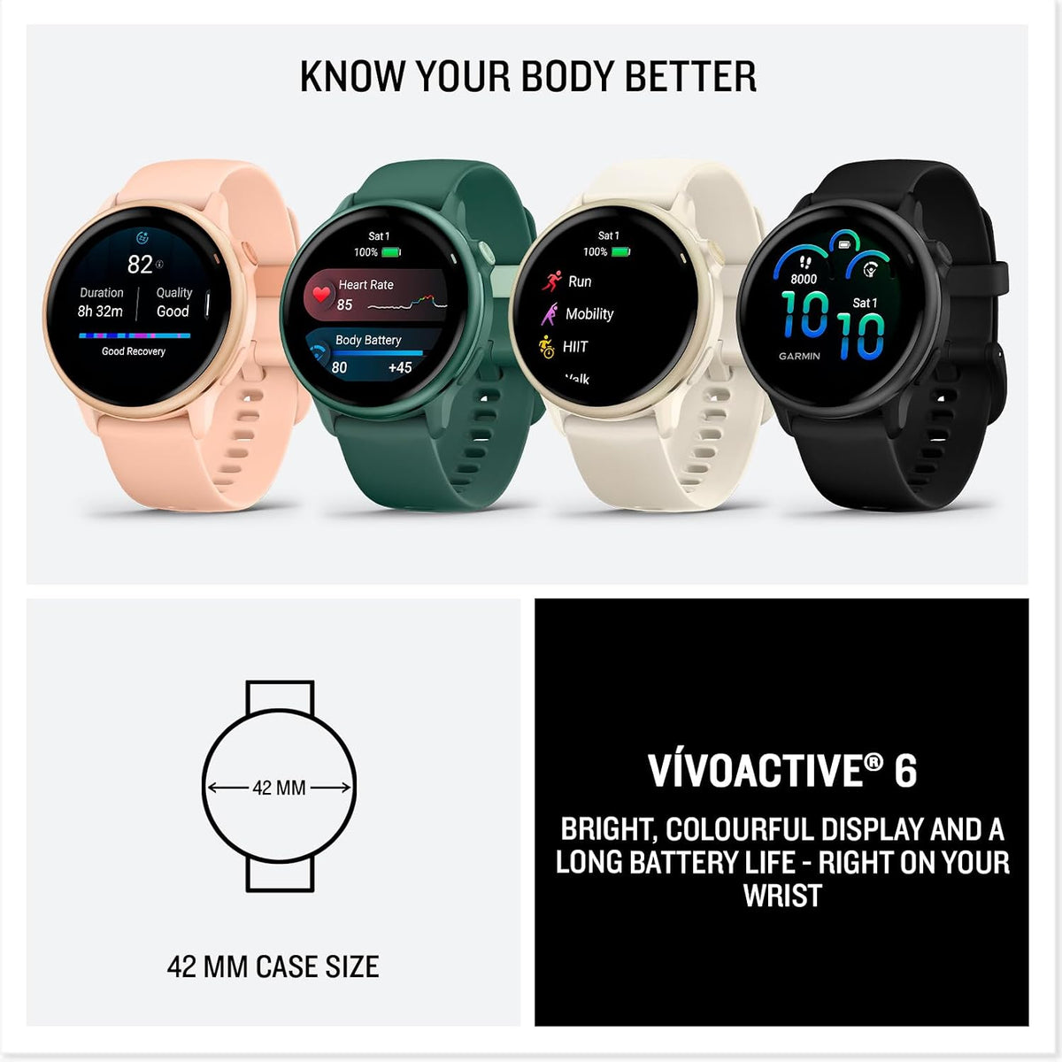 Garmin vívoactive 6, 42mm GPS smartwatch, AMOLED touchscreen, all-day health monitoring, personalised fitness features, advanced sleep coaching, Music, up to 11 days battery life, Bone/Lunar Gold