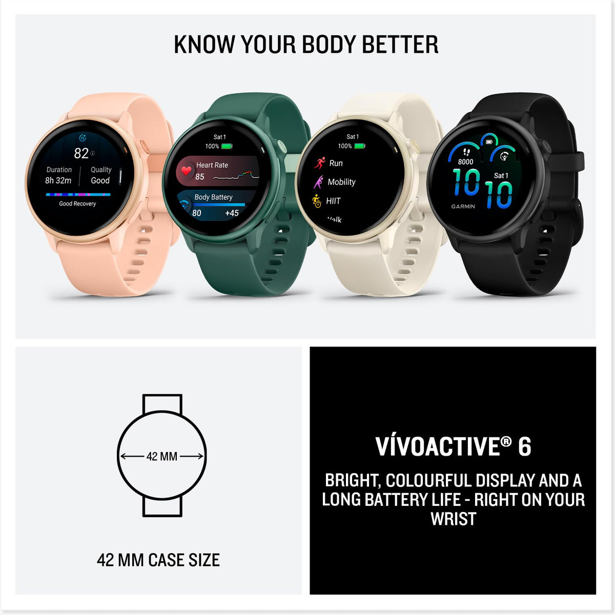 Garmin vívoactive 6, 42mm GPS smartwatch, AMOLED touchscreen, all-day health monitoring, personalised fitness features, advanced sleep coaching, Music, up to 11 days battery life, Bone/Lunar Gold