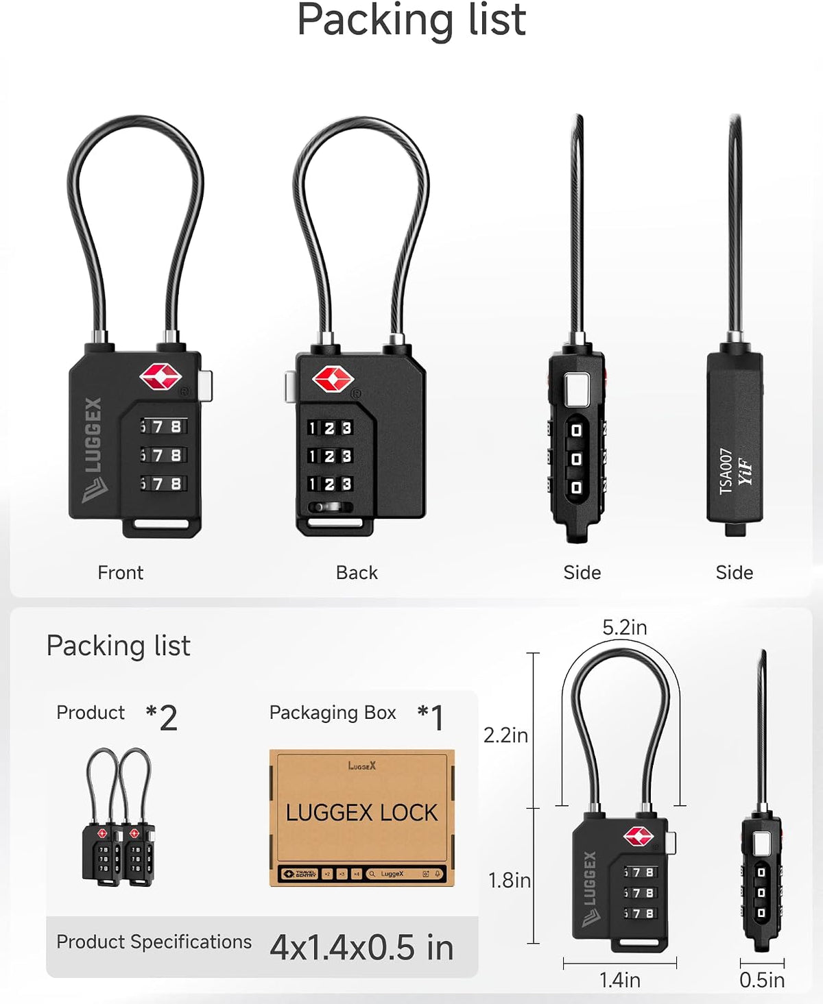 LUGGEX Suitcase Locks, Luggage Locks, TSA Approved Luggage Locks,Black,2