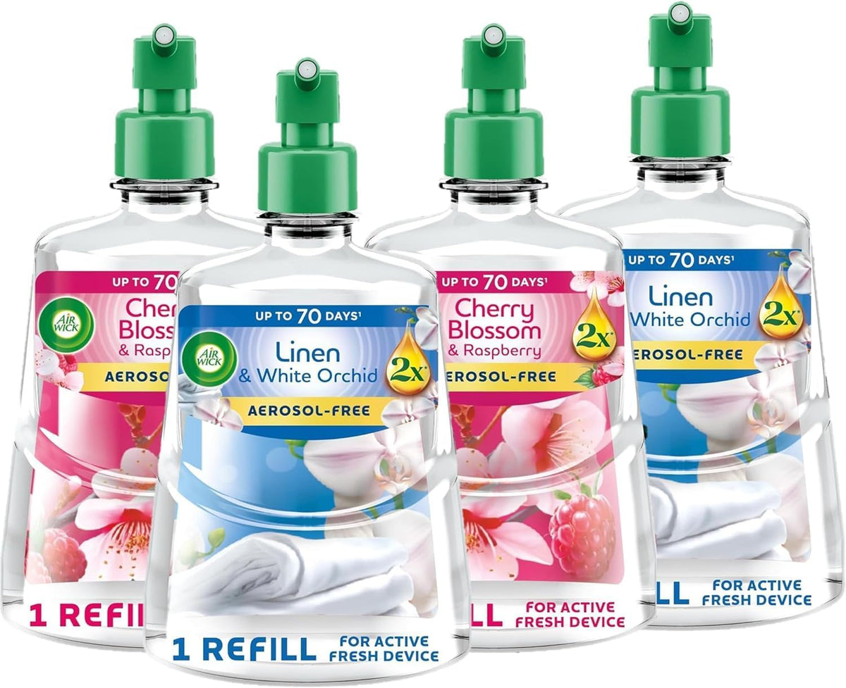 Airwick Active Fresh Refills Bundle 228ml 4 Pack - Linen & White Orchid (2 Units) - Cherry Blossom & Raspberry (2 Units)