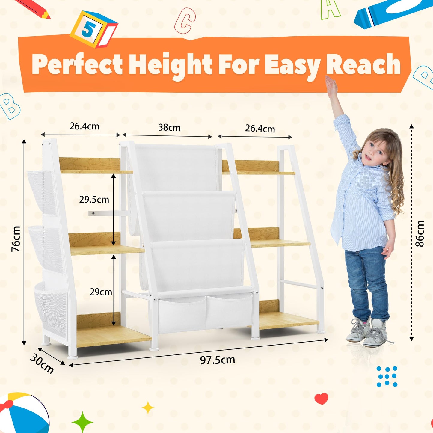 GoTiling Kids Bookshelf and Toy Storage Organizer: 3-Tier Sling Book Shelf with 3 Side Pockets for Kids Room - Toy Storage Organizer with 2 Fabric Drawers for Nursery, Bedroom, Playroom