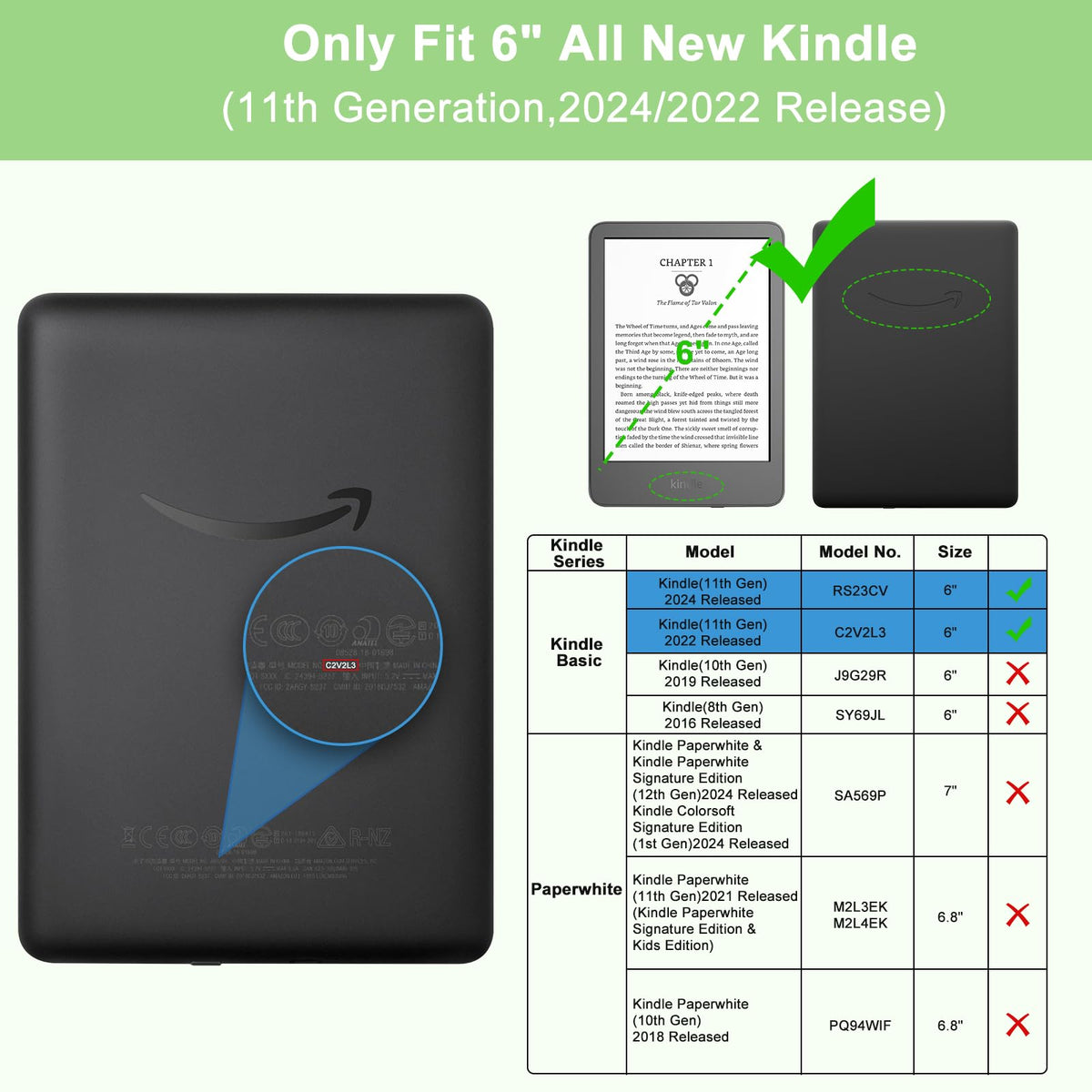 TQQ Case Fits 6" Amazon Kindle 11th Generation 2024 and 2022, Premium Slim and Lightweight Cover, Full Protection, Auto Sleep/Wake, Magnetic Closure (NOT fit Paperwhite or Oasis)