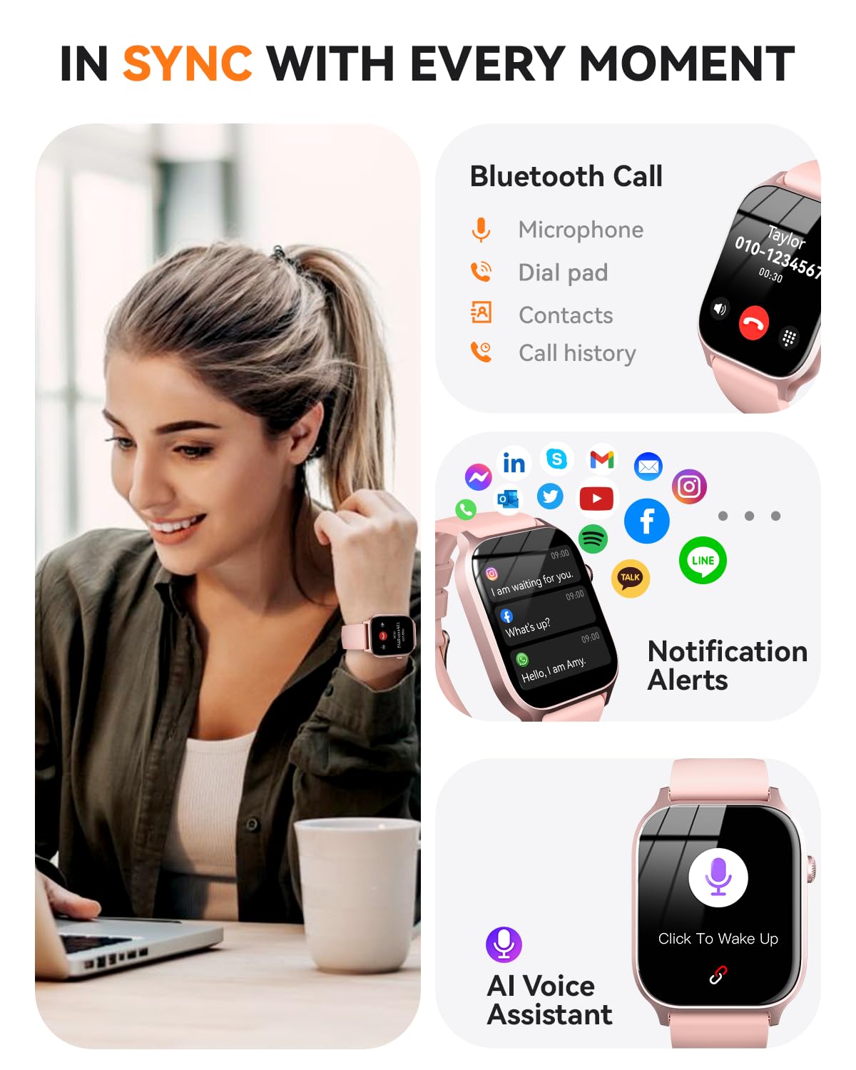 Smart Watch for Men Women- Answer/Make Call, 2024 IP68 Waterproof Fitness Tracker Watch with Sleep Step Counter Activity Smartwatch for Samsung Android iPhone iOS (Black-Blue, 1.83)