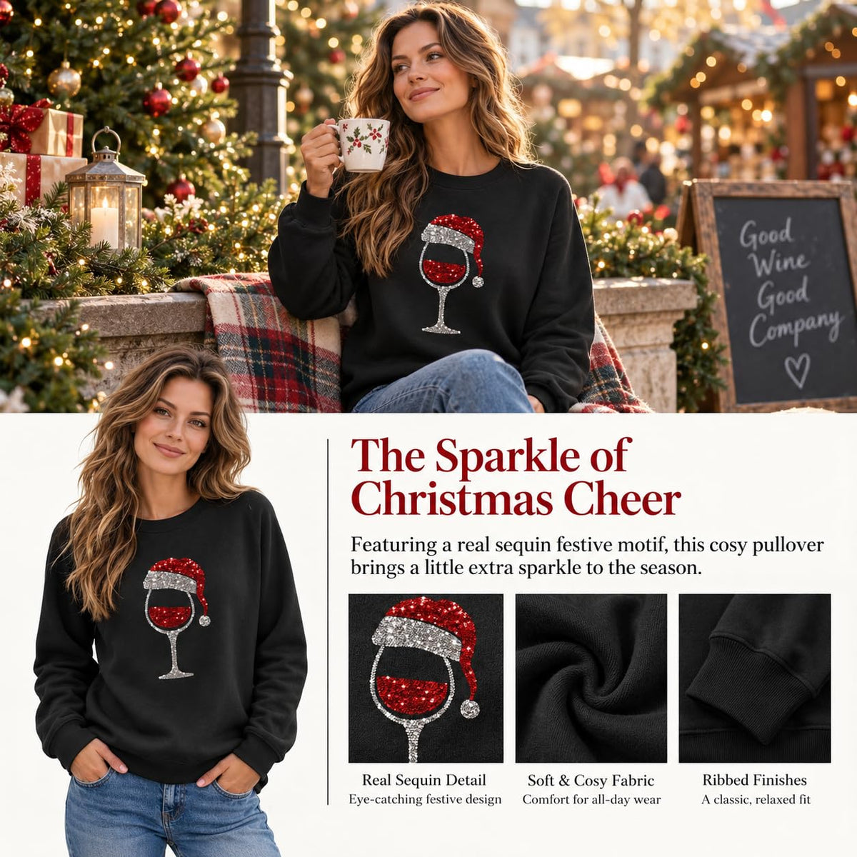 Christmas Jumpers Women Wine Graphic Sequin Sweatshirts Ladies Xmas Tops