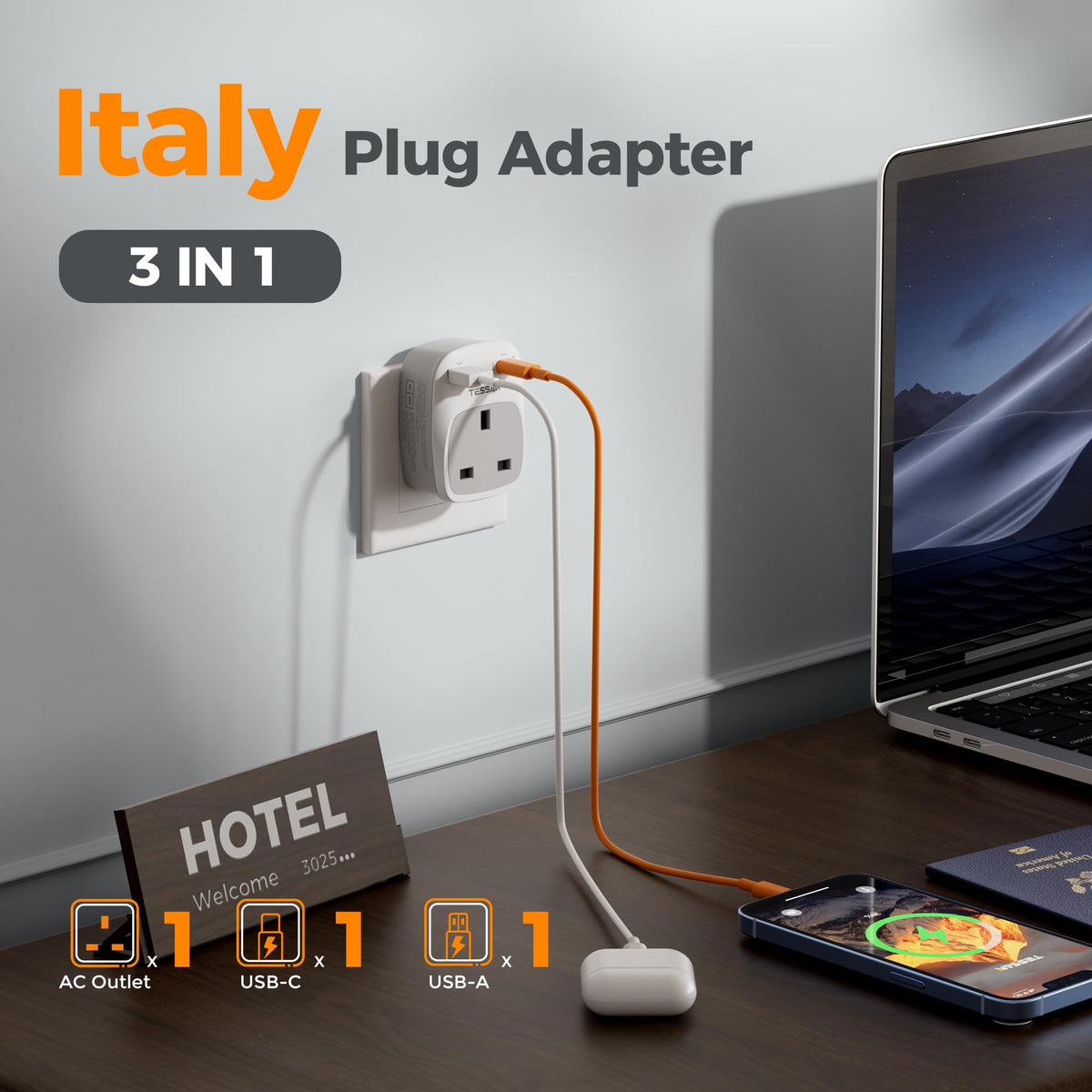 TESSAN UK to Australia Plug Adapter, Type I AU NZ Travel Adapter with USB C
