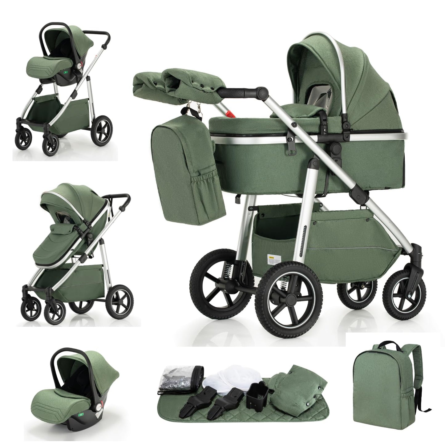 Zkipm Baby Buggy, Baby Pram, Pushchair with Seat, 3 in 1 Travel System, Foldable and Reclining Stroller, Prams with Backpack, Rain Cover, Mosquito Net, Aluminium Frame, 0-4 Years, Up to 22 kg Green