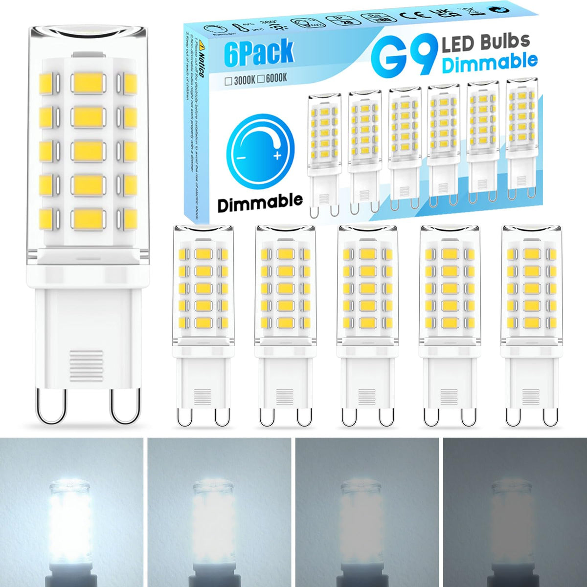 6 Pack G9 LED Bulbs Warm White, 4W, 3000K, No Flicker, Equivalent to 40W Halogen, 400LM, Non-Dimmable, Energy Saving G9 LED Light Bulbs for Decoration, Office, Home Lighting Decor and More