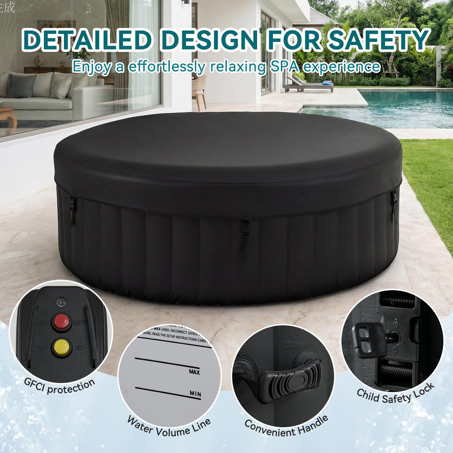Aoxun Inflatable Hot Tub 208X208CM, 60% More Energy Efficient, Portable Lazy Spa with 1800W Heater & 130 Air Jets Massage System, Fits Small Bathroom & Garden, Includes Insulated Cover & Filter, Black