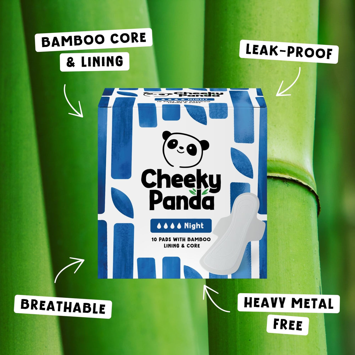 The Cheeky Panda Organic Sanitary Towels for Women – Heavy Flow – 12 Organic Pads Per Pack - with Bamboo Pads and Core