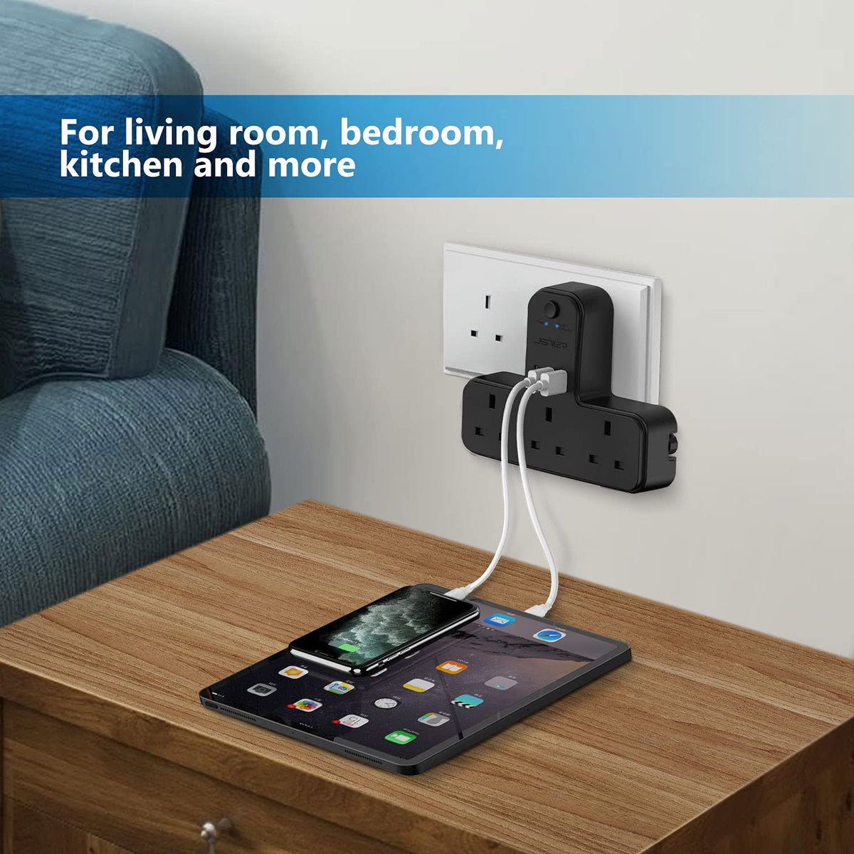 Double Plug Adaptor with 2 USB, JSVER Mini 2 Way Plugs Extension Sockets with USB Ports(5V/2.4A) Wall Charger Adapter, 13A UK 3 Pin Power Socket for Home, Office, Kitchen,White