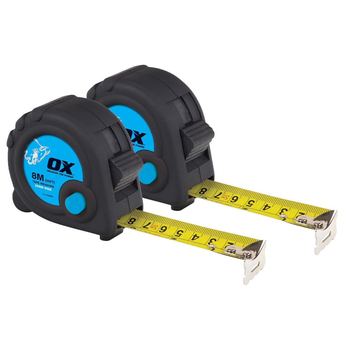 OX Trade 8m Tape Measure Twinpack - Metric & Imperial, Nylon Coated Blade