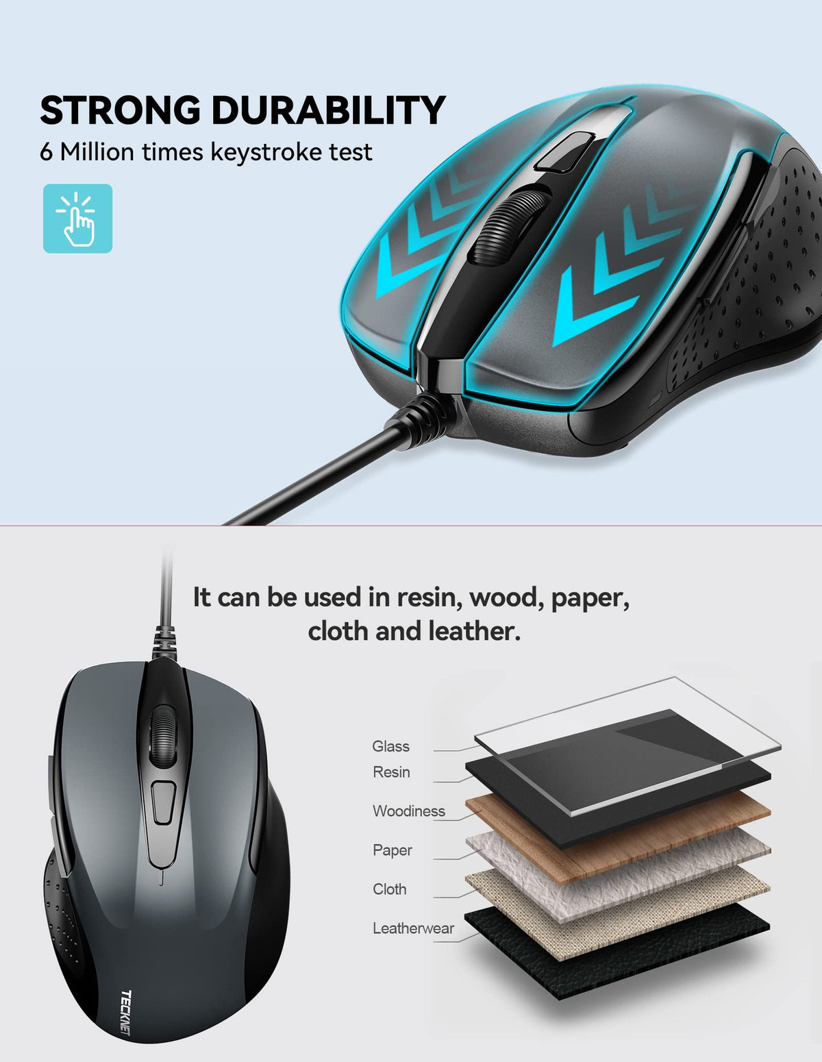 TECKNET USB Wired Mouse, 6400 DPI Mice 4 Adjustable DPI with 6-Button Corded, Optical Computer Mouse with Ergonomic Design for Laptop, Chromebook, PC, Desktop, Mac, Notebook