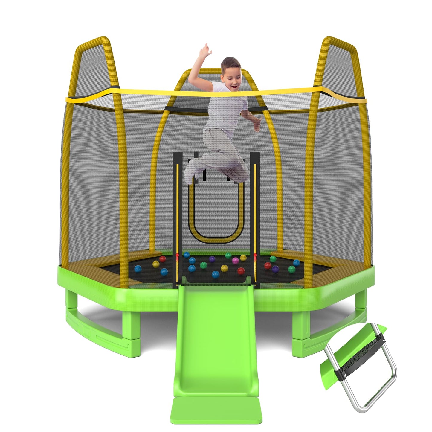 COSTWAY 7ft Kids Trampoline, Hexagonal Trampolines with Slide, Ladder, Safety Enclosure Net and Ocean Balls, Toddler Jumping House for Indoor Outdoor