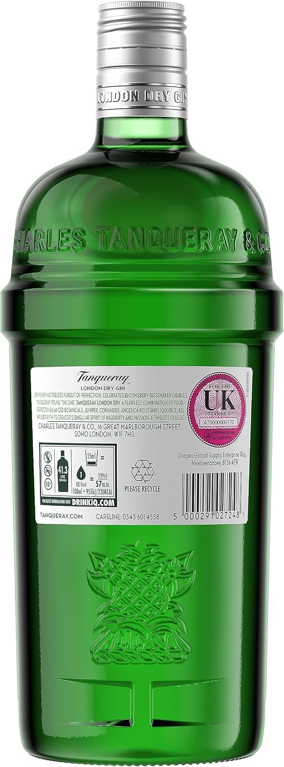 Tanqueray London Dry Gin | 41.3% vol | 1L | Award-Winning Premium Spirit | Distilled 4 Times | Made with 4 Gin Botanicals | Enjoy with Ice & Tonic