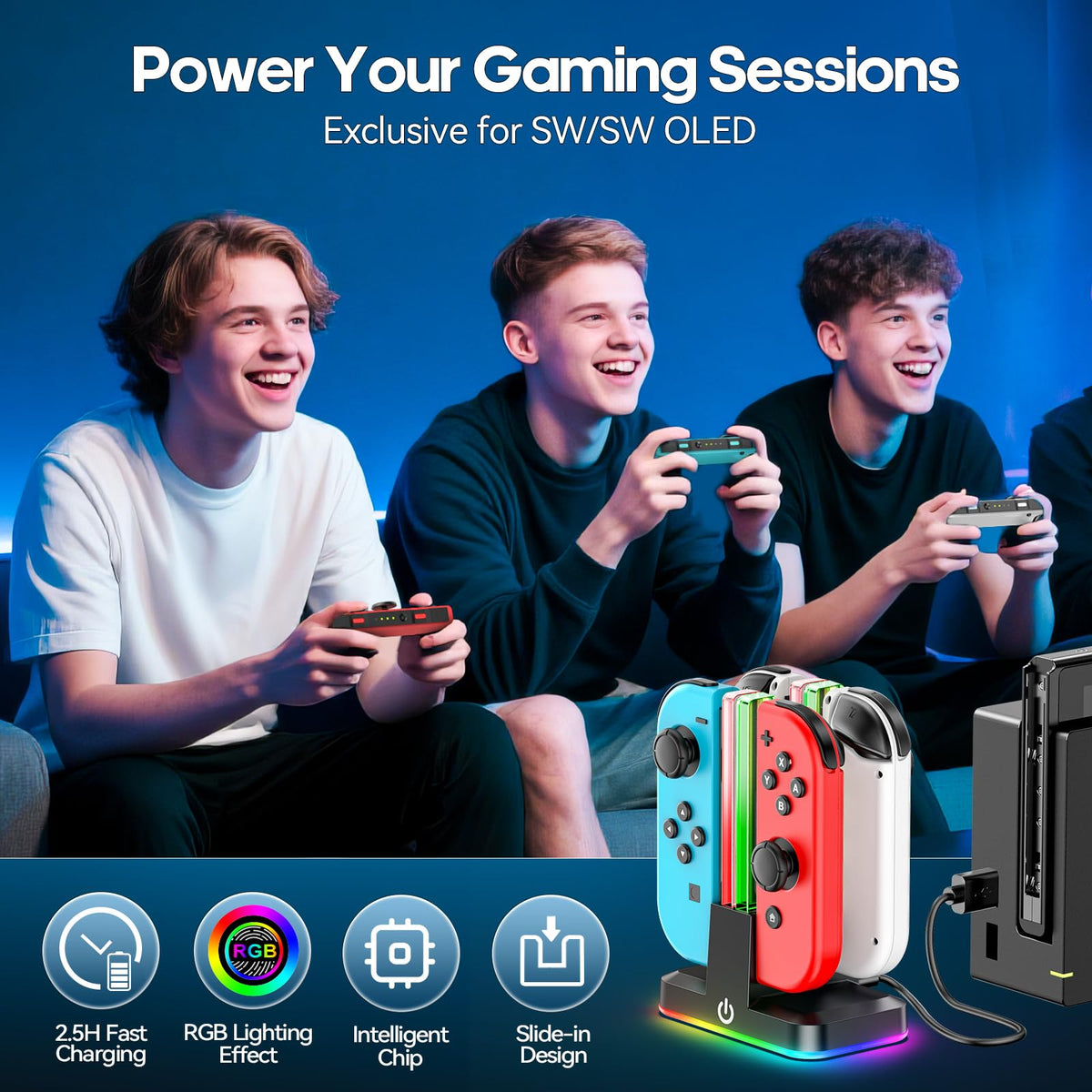 Rysker RGB Switch 2 Controller Charger for Joy-pad 2, 2H Fast Joycon 2 Charging Dock for Any Direction Charging, 9 Light Modes Switch 2 Joycon Charger Station