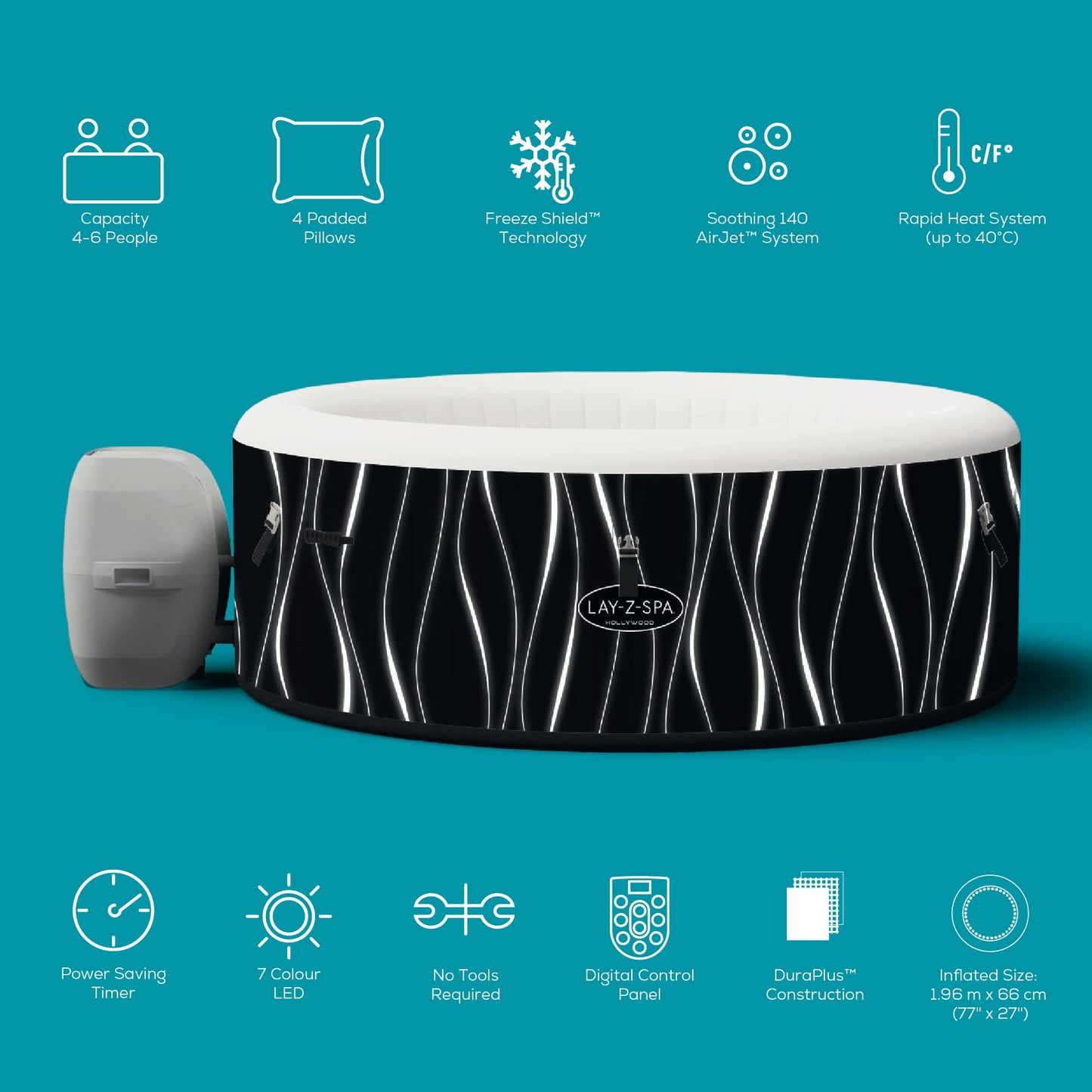 Lay-Z-Spa Paris Luxe AirJet Inflatable Hot Tub with 140 AirJets, LED Lighting System, FreezeShield, Energy-Saving Timer & Ultra-Durable TriTech Construction, Fits Up to 6 People