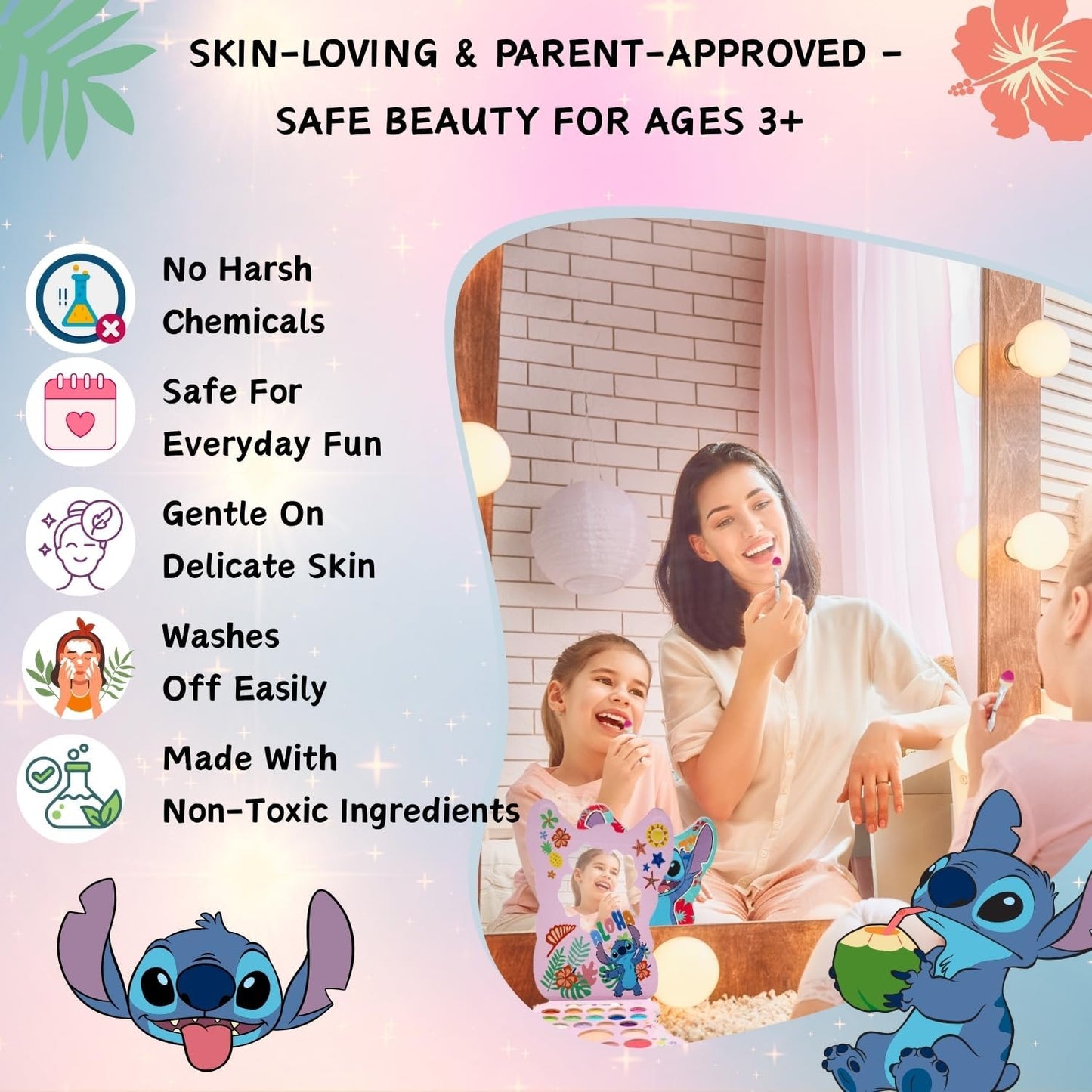 Disney Stitch Kids Make-Up Palette – Complete Cosmetic Kit with Eye Shadow, Blusher, Lip Gloss, Mirror & Brush| Safe, Non-Toxic Beauty Gift Set for Girls