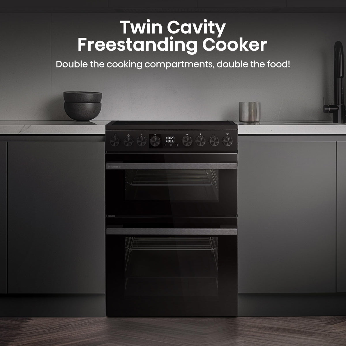 Hisense HDUKC60W 60cm Electric Cooker with Ceramic Hob-White, A Rated Double Oven 50L/80L [Energy Class A]