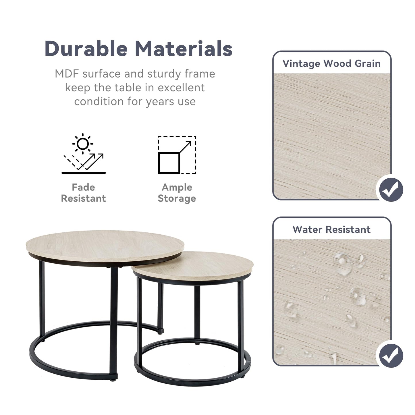 Hawthyhome Coffee Tables, Round Nesting Tables Tet of 2, Modern Side Tables with Metal Frame, Industrial Stacking End Tables for Living Room Bedroom Office, 60 * 60 * 45cm, Brown