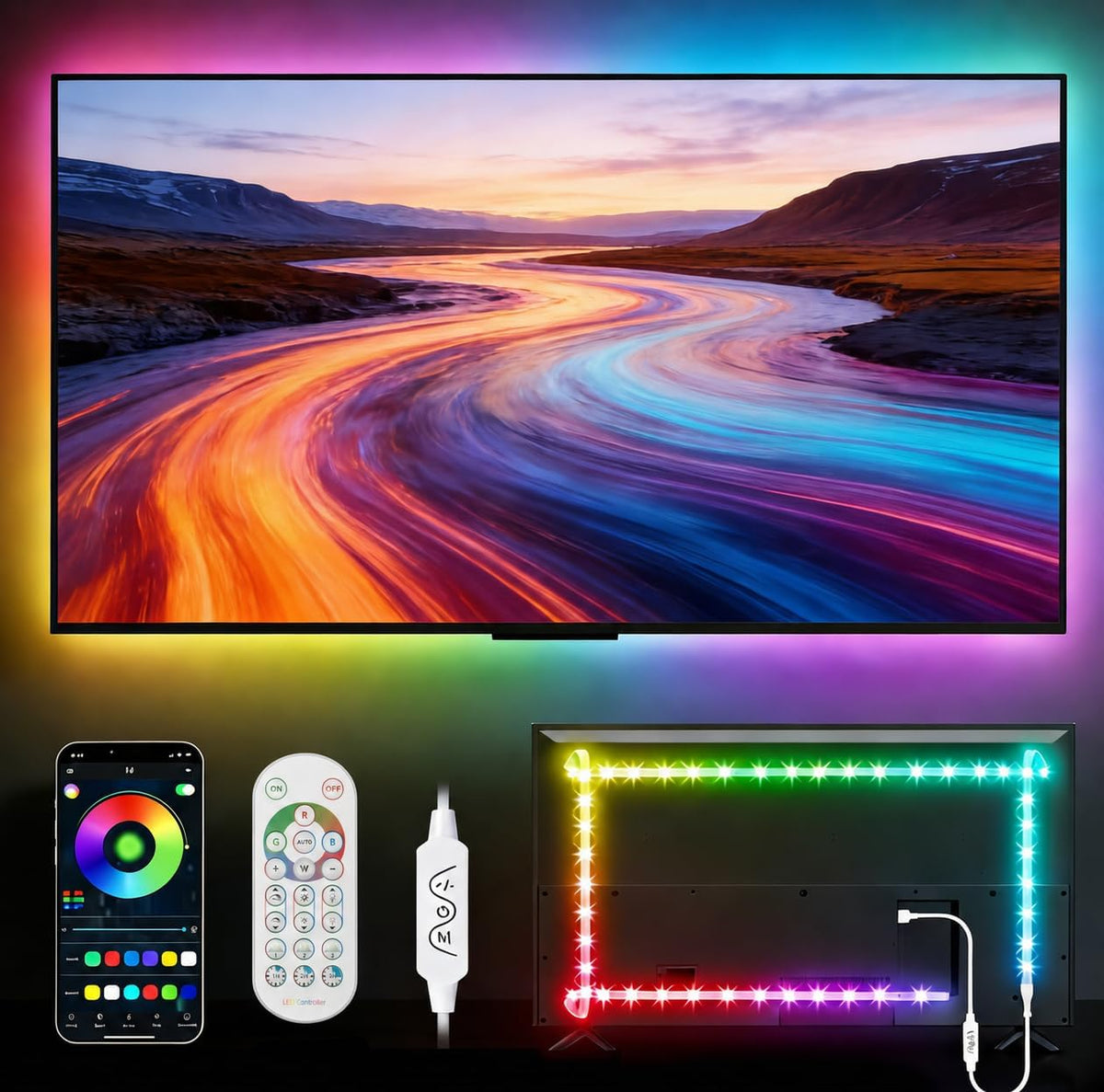 Daymeet TV Led Lights, 4M TV Led Backlight for Lights USB Powered RGBIC Light Strip for 55-75 inch Monitor Behind Lighting with Remote Music Sync Bluetooth APP Control