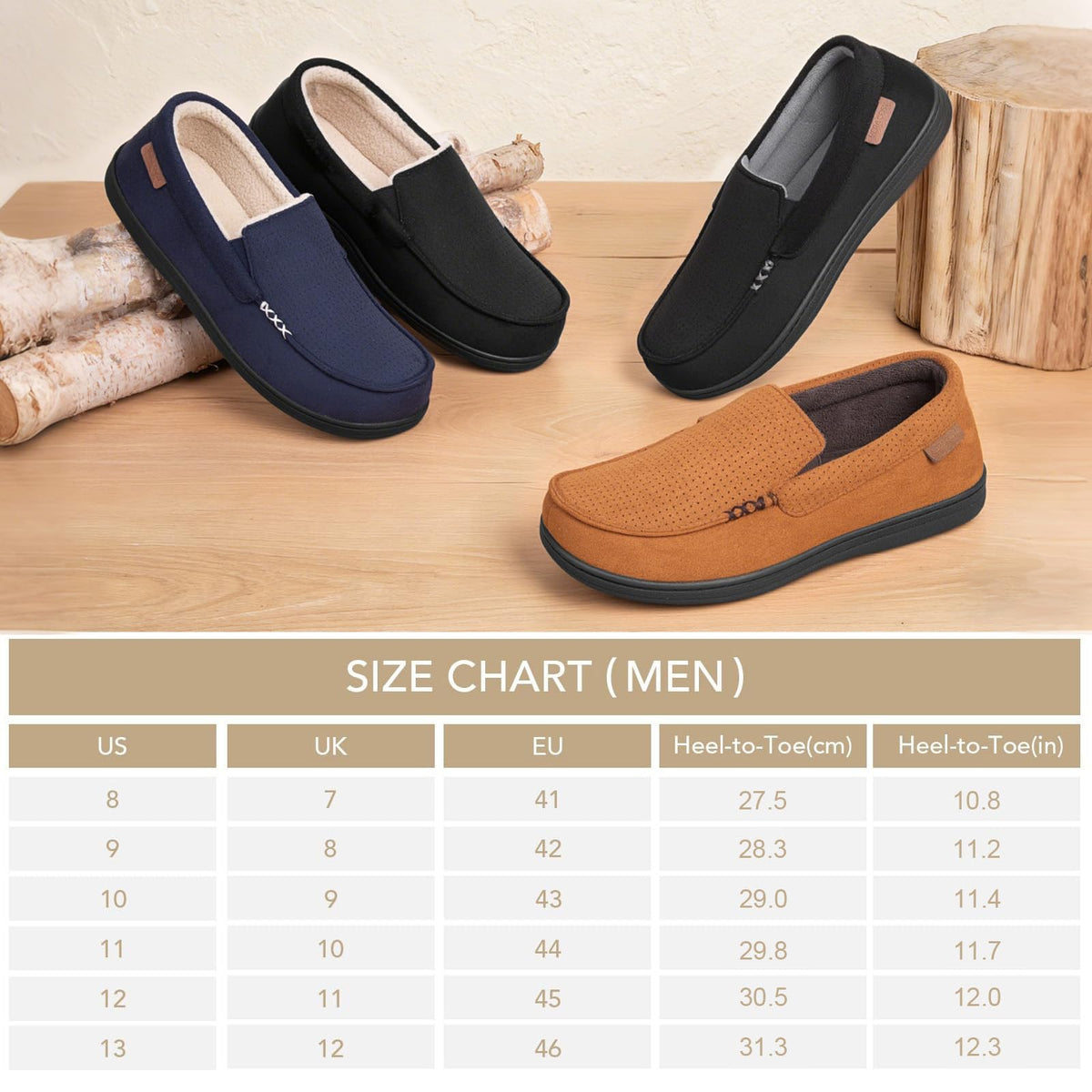 VeraCosy Men's Suede Moccasin Slippers Memory Foam Sherpa Lined Anti-Skid