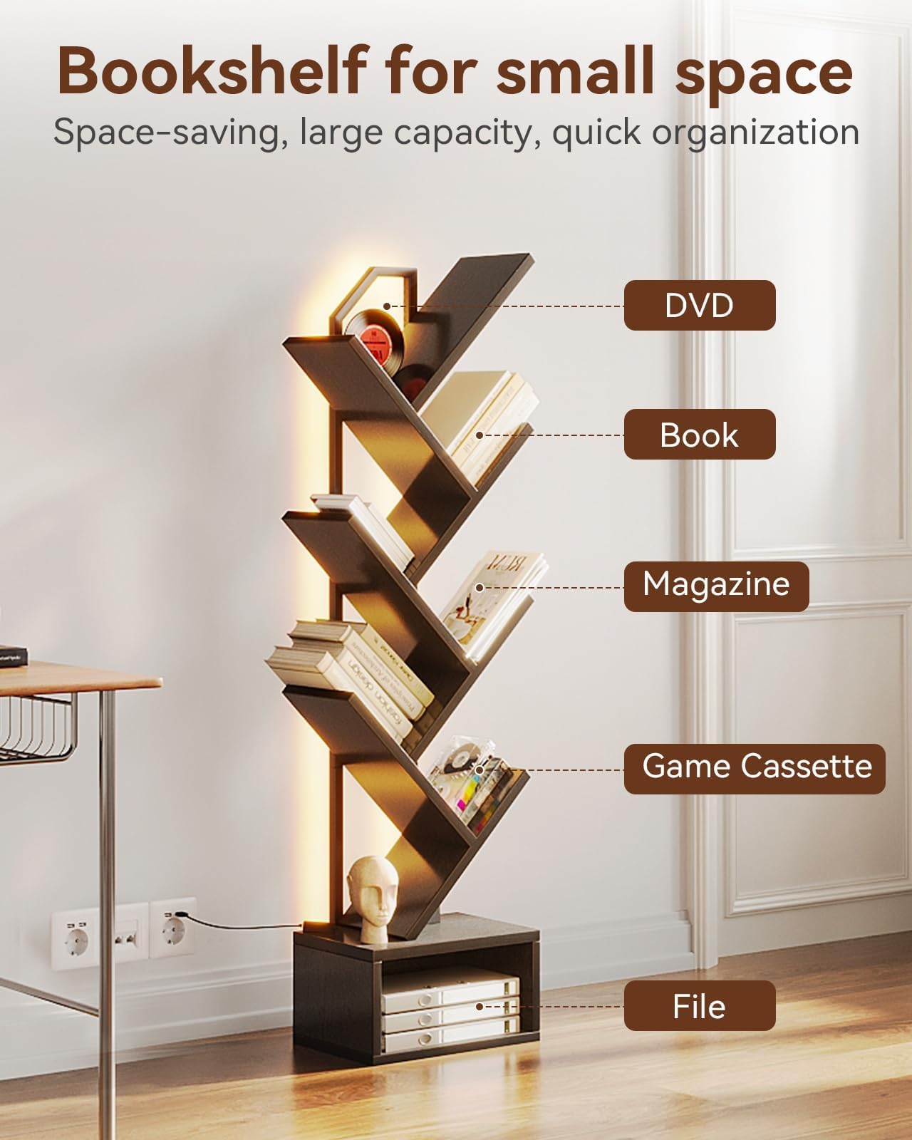Coleshome Tree Bookshelf, 6-Tier Floor Standing Bookcase, Bookcases suitable for bedrooms and living rooms, Wooden bookshelves suitable for bedrooms and living rooms, White