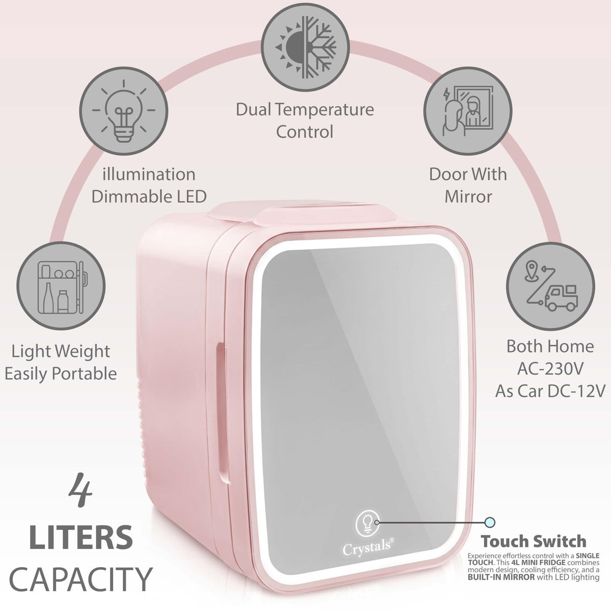 Crystals 4/10/15L Litre Mini Fridge, Table Top Small Fridge Cooler & Warmer for Car Bedrooms Desk Office, 12V DC - 220 AC, Mini Fridge for Bedrooms – Energy Efficient (Black, 4L Litre)